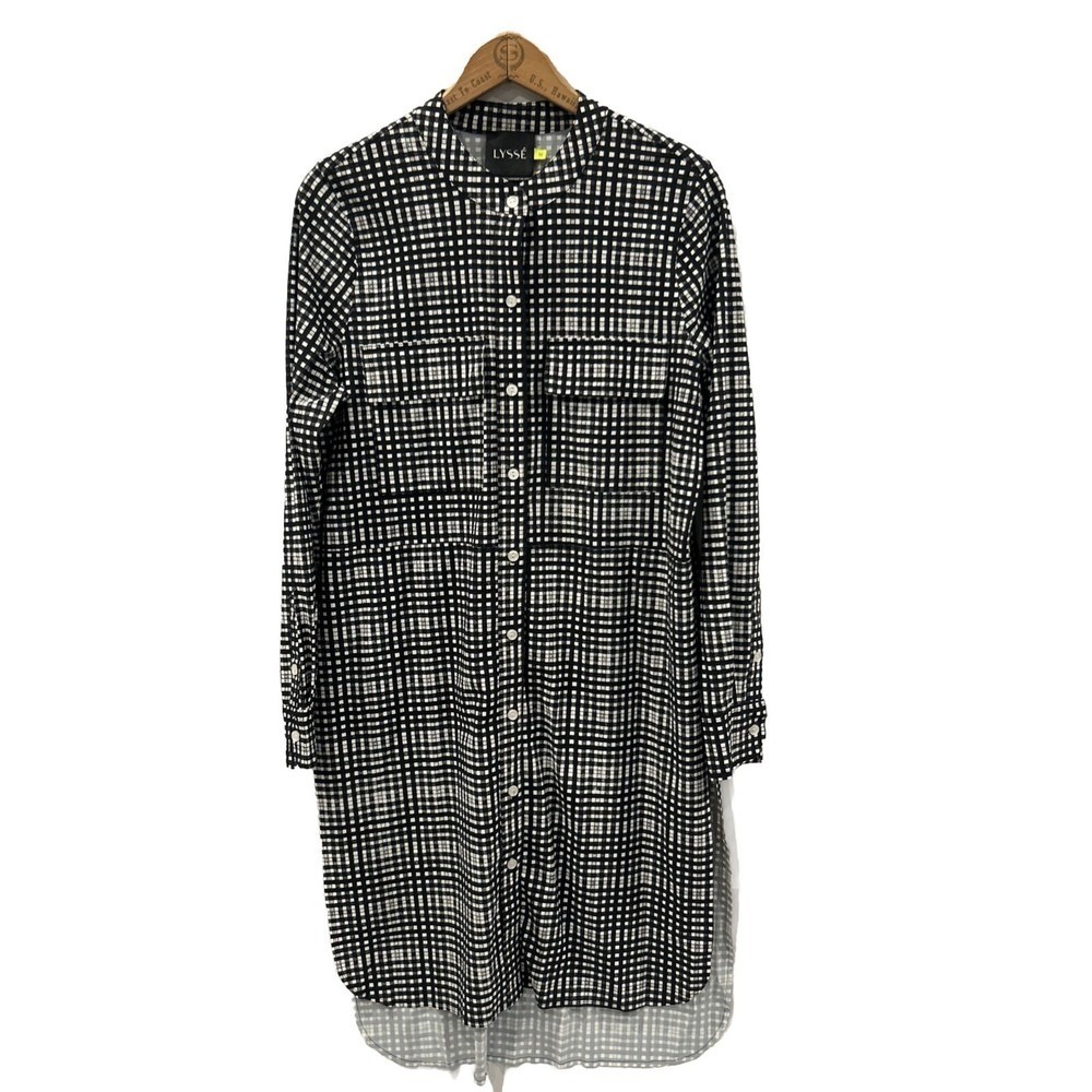 Lysse Womens Black White Grid Check Button Down Tunic Top High Low Hem Medium