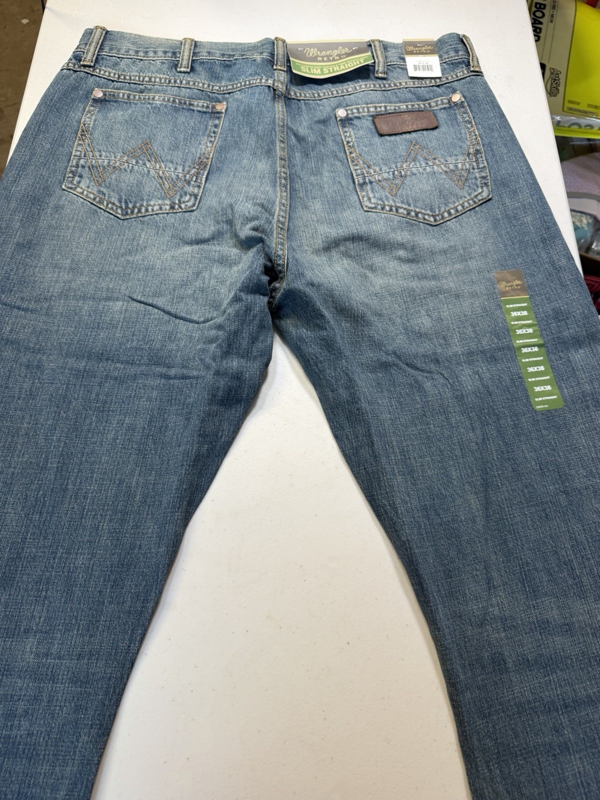 New Mens Wrangler Retro Slim Straight Blue Jeans 38 x 36 True To Size 88MWZDK