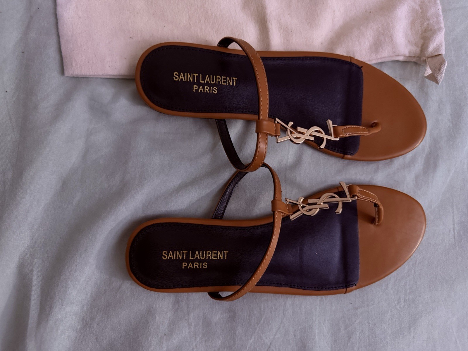 Saint Laurent YSL Logo Leather Thong Sandals Brown Black Gold Women 11