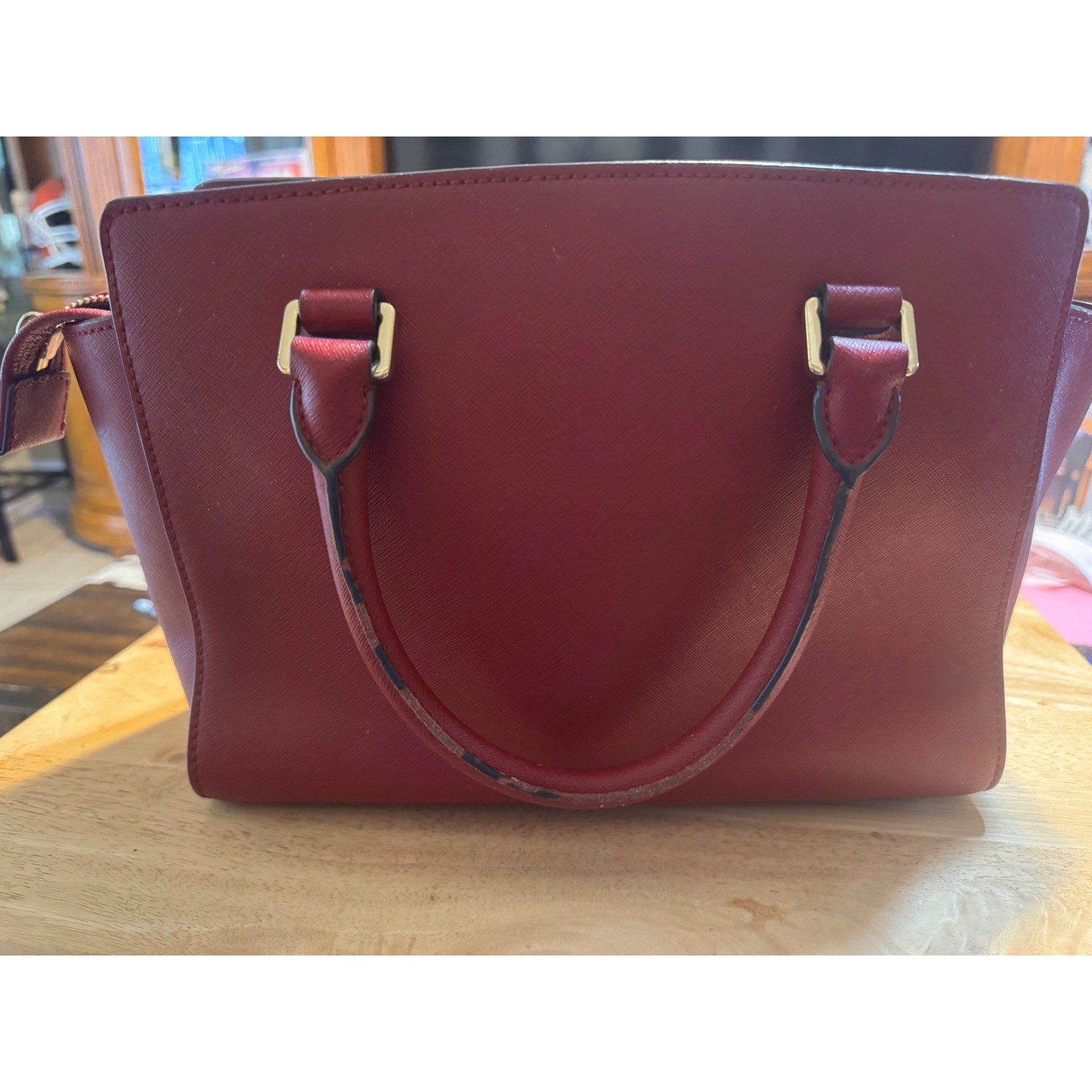 Michael Kors Savannah Saffiano Leather Satchel Burgundy Handbag Red Silver Tone