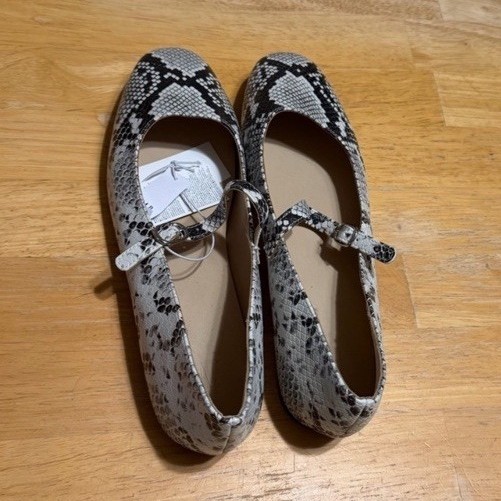 Women’s Snake Print Mary Jane Flats Gray/Black Buckle Strap Square Toe
