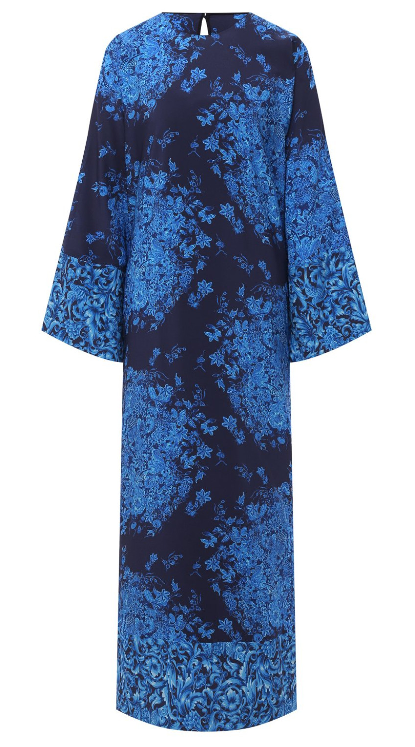 VALENTINO GARAVANI SILK Caftan Maxi Dress Delft Floral Print Kleid Maxikleid M