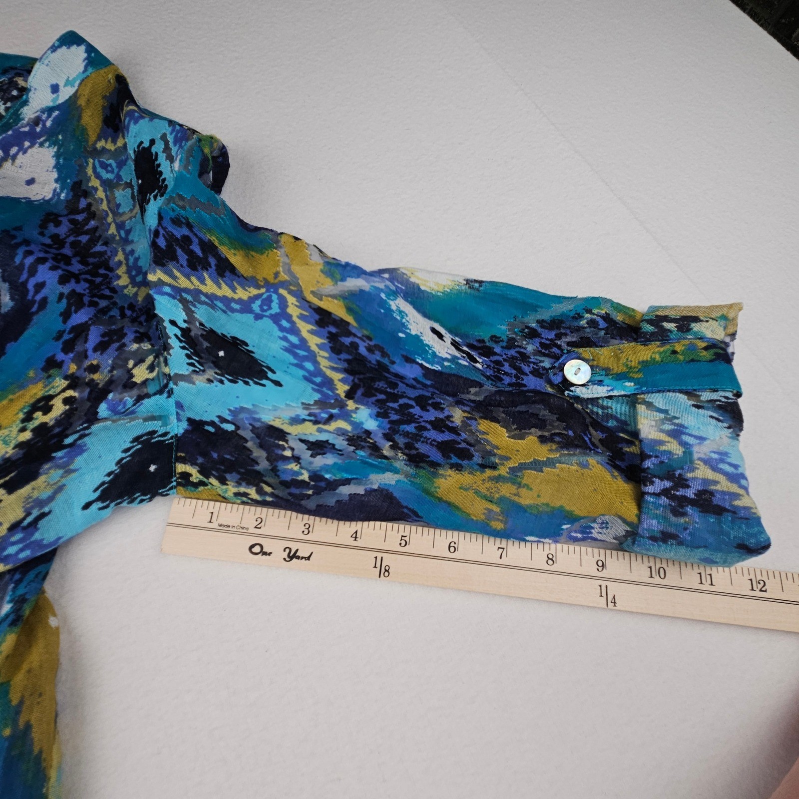 Ruby Rd Favorites Womens 12 Blue Yellow Ikat Geometric Boho Artsy Blouse Top