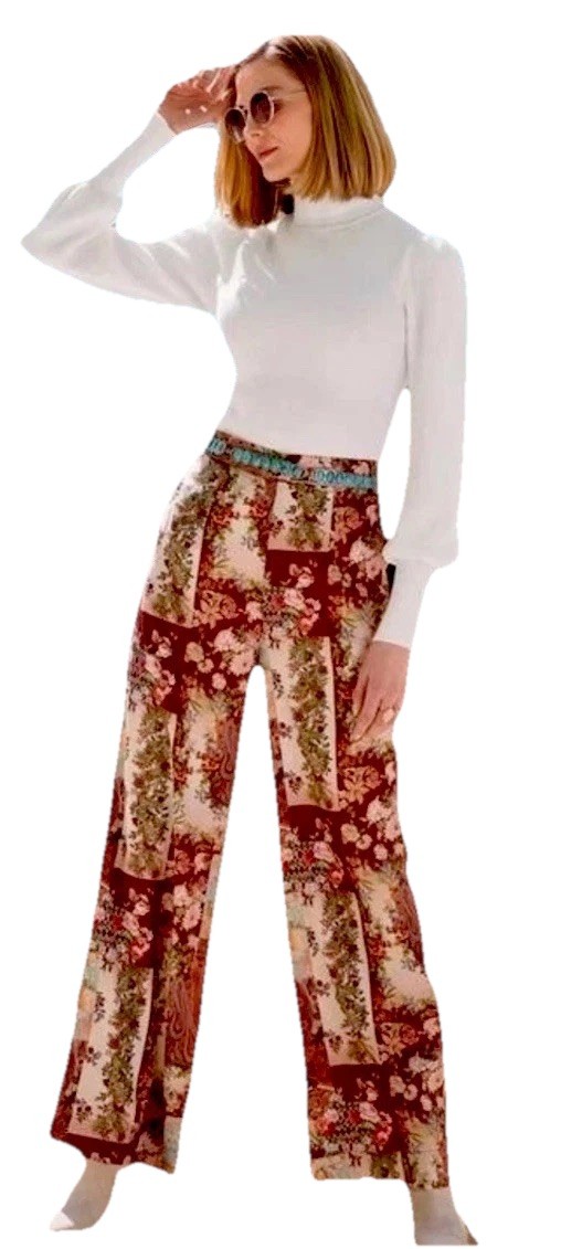 Boston Proper Pants L Satin Patchwork Print Boho Resort Palazzo Wide Leg Slacks