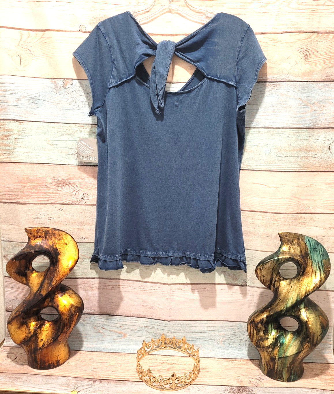 NWT Falls Creek Blue Chambray Style Top Ruffle Hem Tie Back Boho Casual M