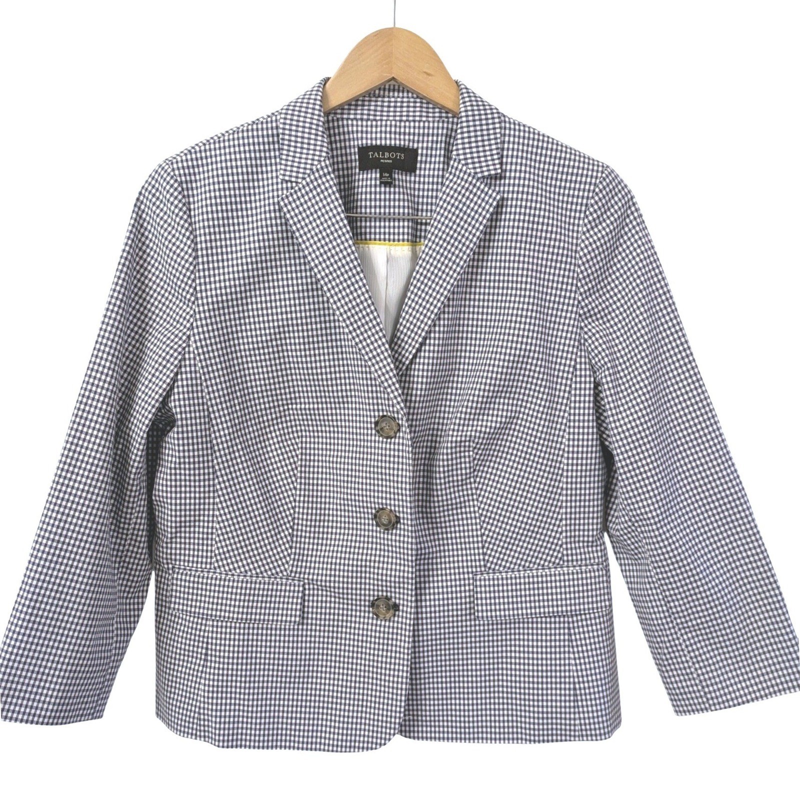 Talbots Petites Navy Blue White Gingham 3-Button Blazer Jacket 14P Cotton Blend
