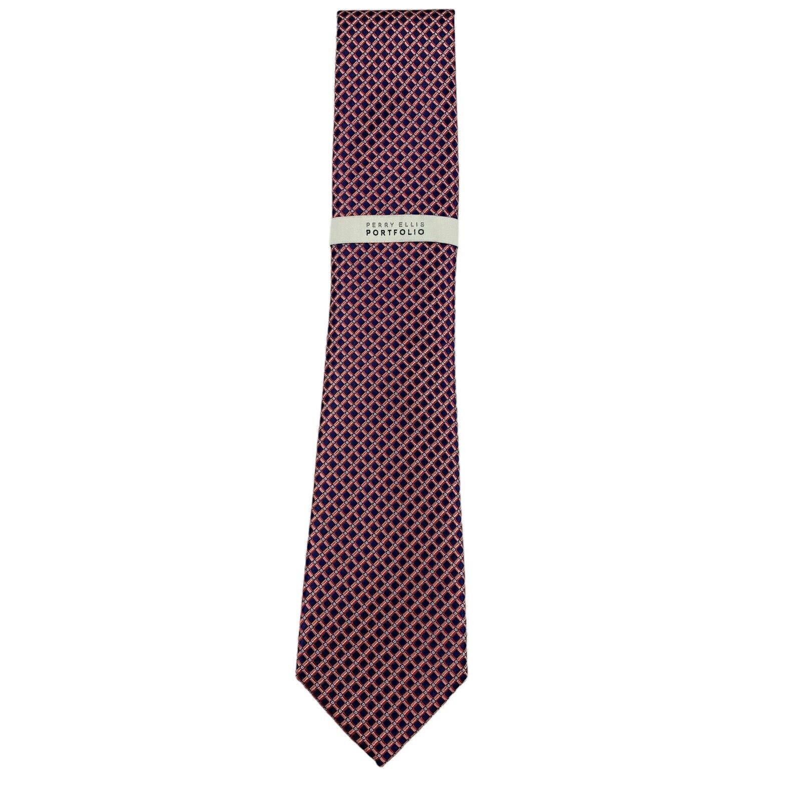 Perry Ellis Mens Fortin Neat Check Neck Tie Coral Blue 3 1/8″