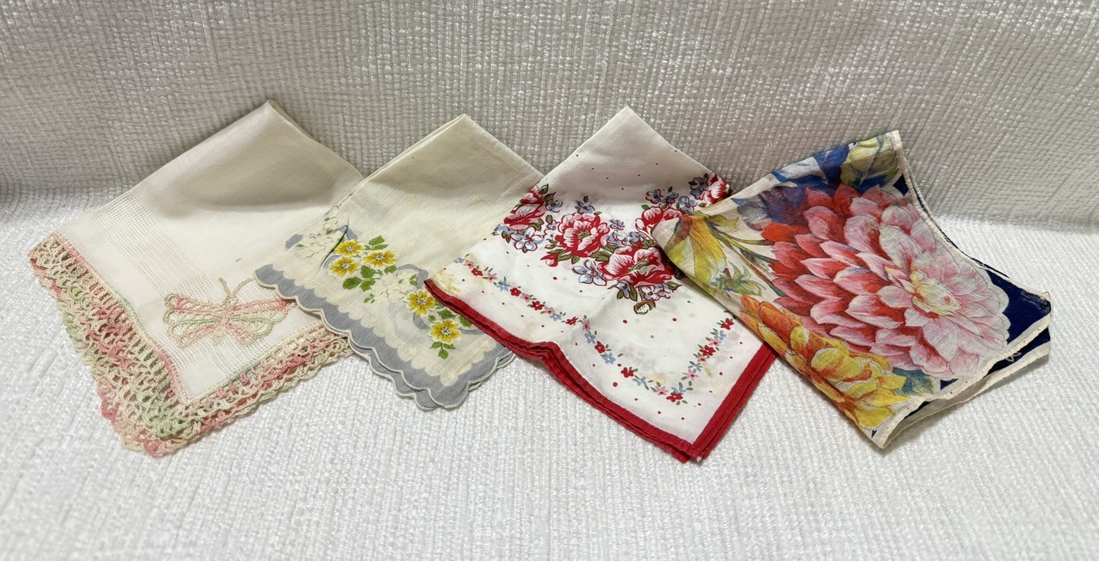 (4) Vtg. White/Colorful Flowers/Butterfly-Handkerchiefs