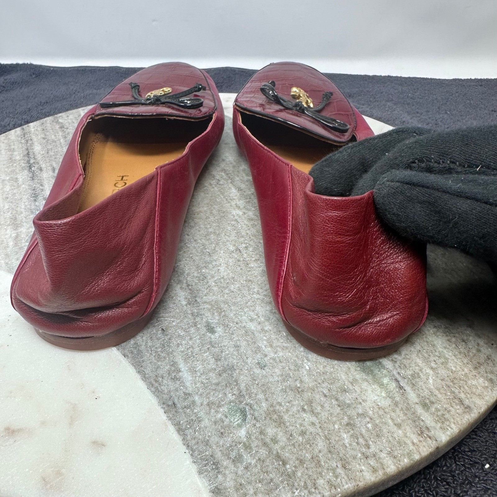 Tory Burch Burgundy Leather Croc Embossed Bow Loafer Flats 9M 8099 G20