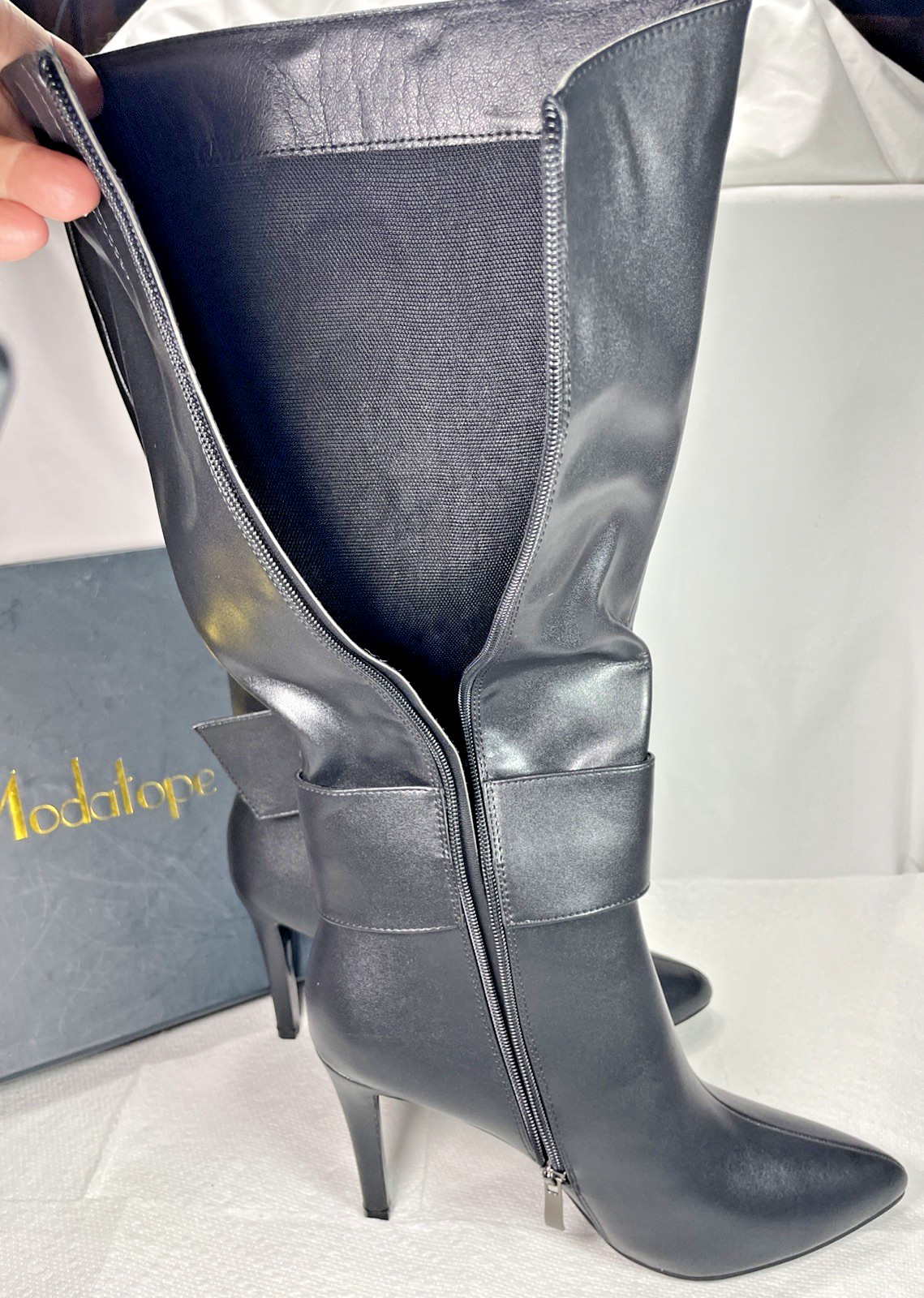 Modatope Knee High Boots Womens 9.5 Black Faux Leather Pointed Toe NEW