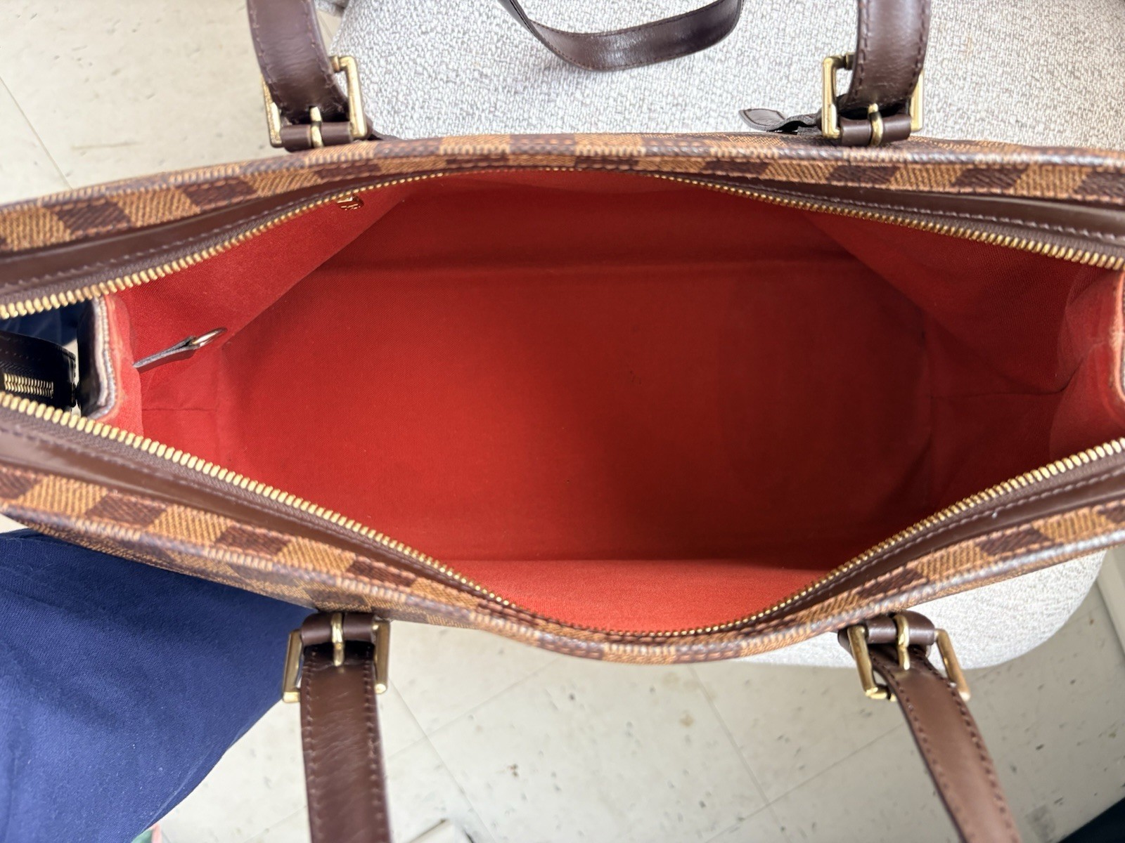 Louis Vuitton Damier Ebene Brown Shoulder Bag w/ Zip, Gold Hardware, Red Lining