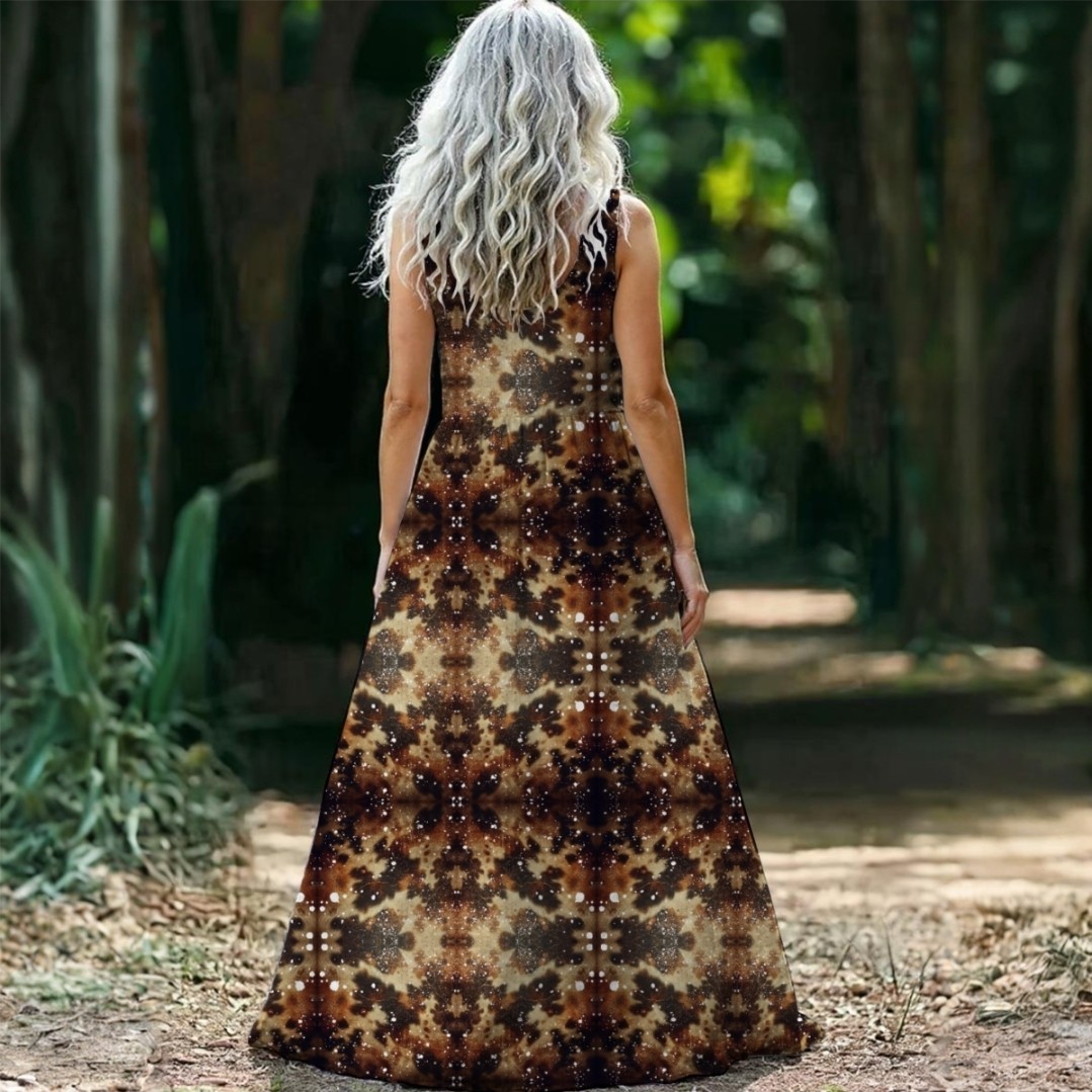 Brown Beige Black Geometric Scoop Neck Sleeveless Maxi Dress Pockets L
