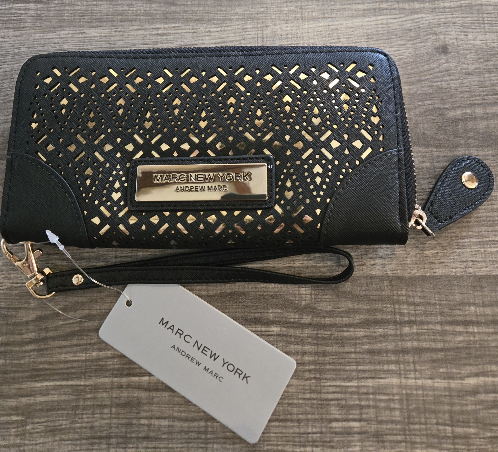 Marc New York Black/Gold Zip-Around Wristlet Wallet 7.75 x 4