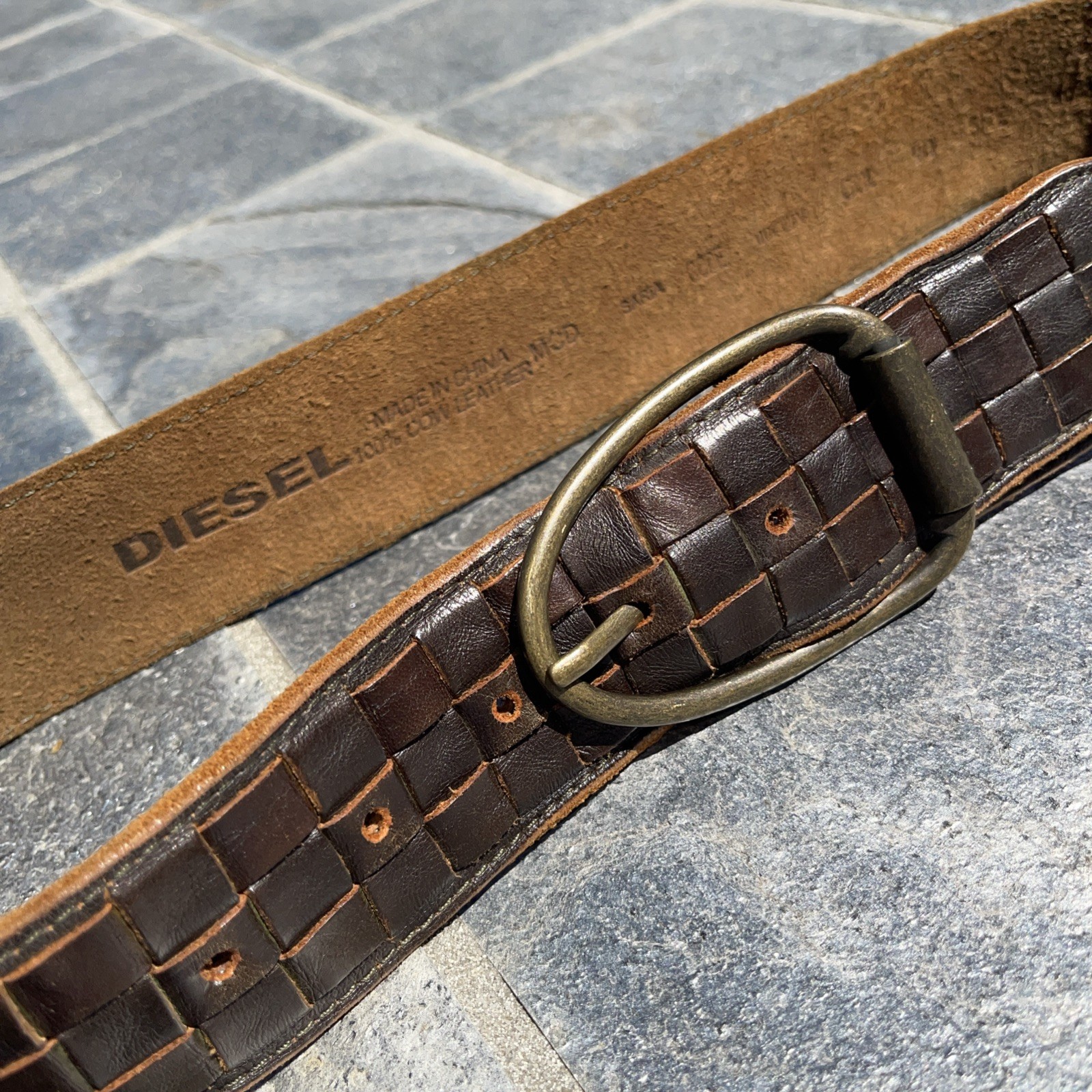 Diesel Woven Leather Belt Brass 80cm/32 in x 2 in wide VINTAGE Brown Cowhide