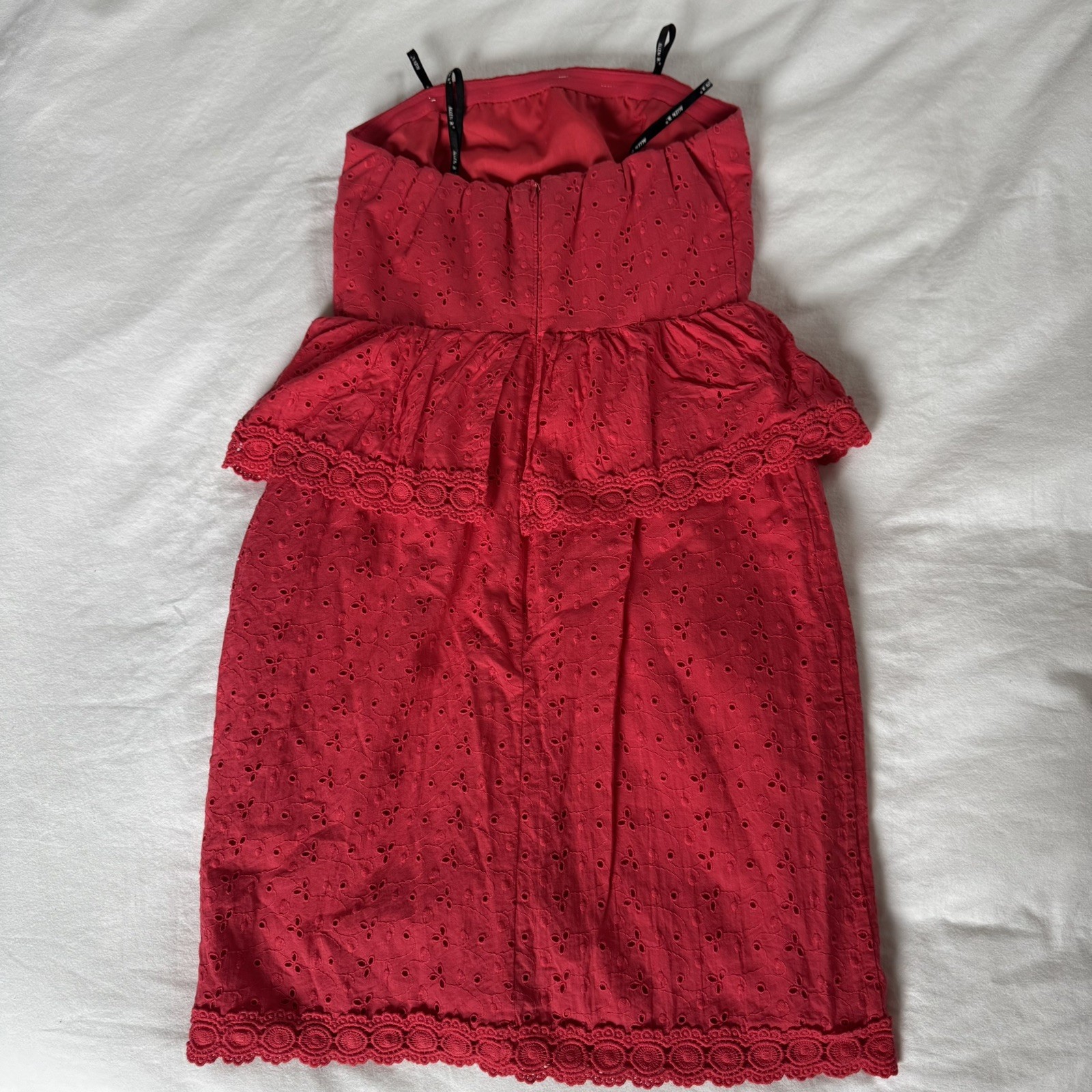Allen B strapless dress Size 4 Bright Red Eyelet lace fabric Ruffle overlay