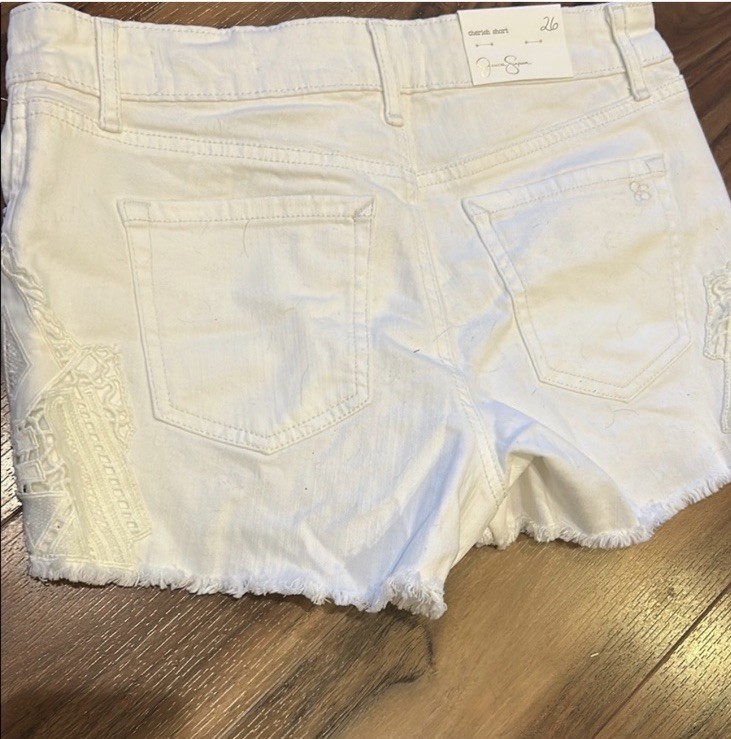Jessica Simpson Cherish White Denim Cut Off Shorts Mid Rise Lace 5-Pocket 26