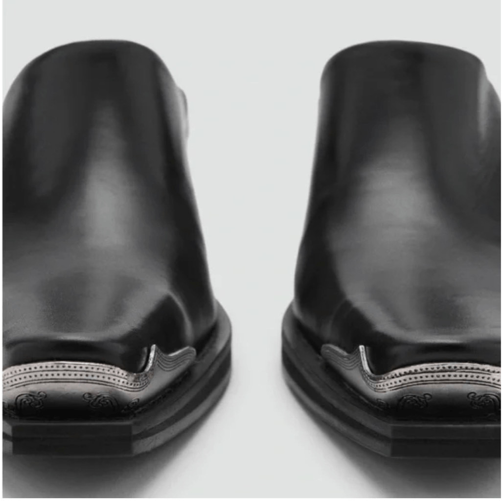 MNG Mango $219 Black Leather Western Mule Metallic Toe Womens 37 NEW