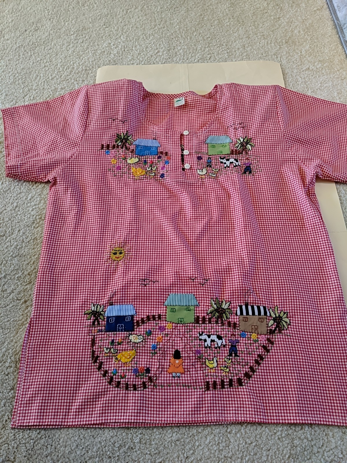 Hand Stitched Farmers Shirt Red With Cute Farm Animals