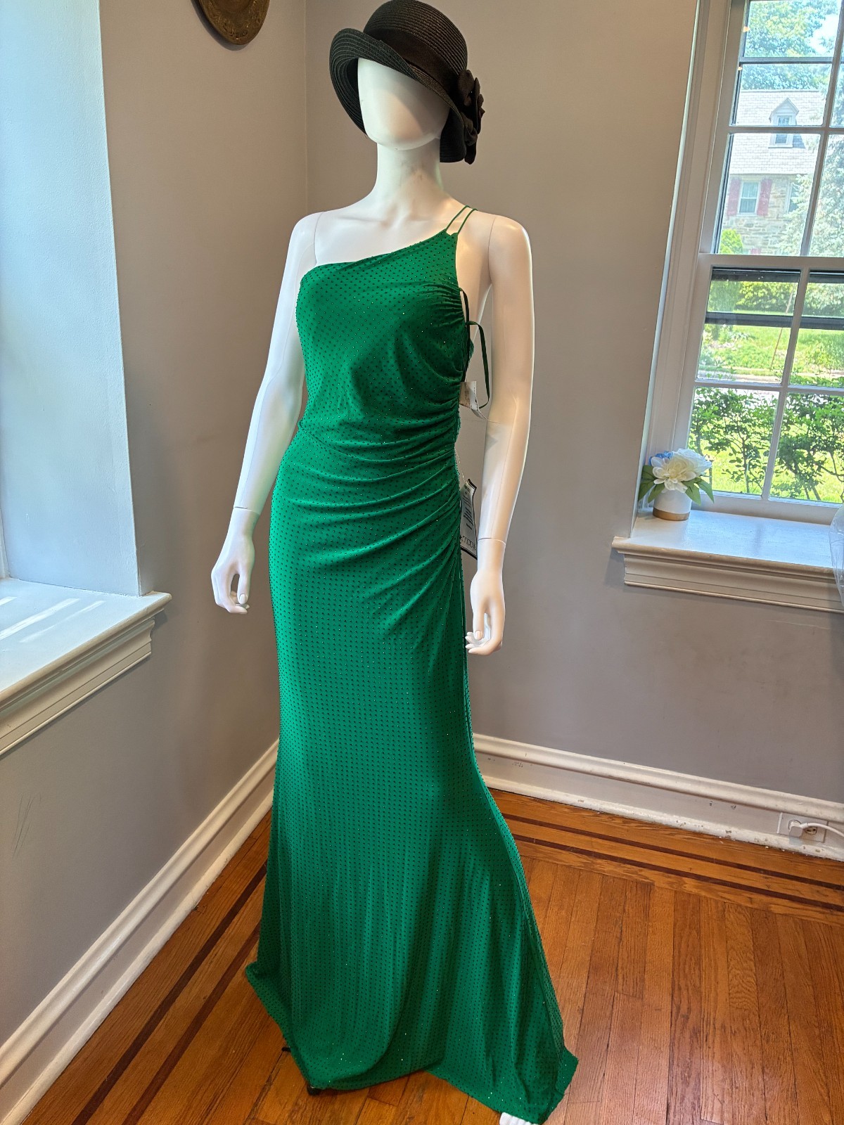 Crystal Doll green one shoulder studded gown Size US 5