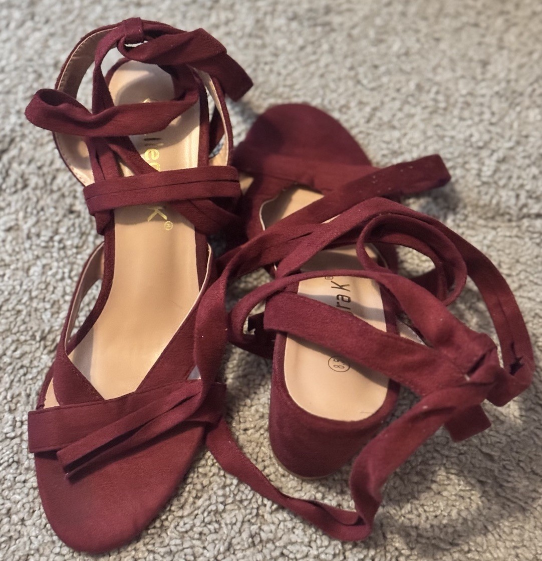 Allegra K Burgundy Strappy Open Toe Tie Ankle Wrap Block Heel Sandals 8.5
