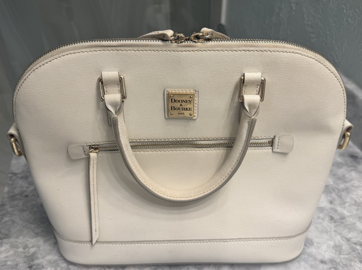 Dooney & Bourke White Leather Dome Satchel Handbag Zipper & Gold tone Metal