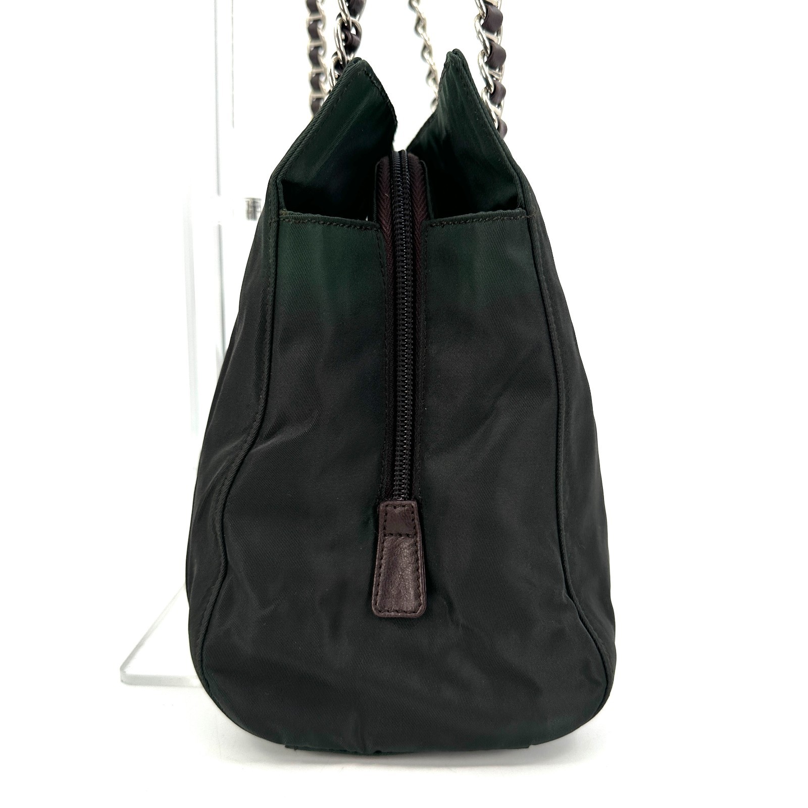 PRADA Shoulder Bag Cain Nylon Leather Green Khaki Triangle Logo Plate Black Auth