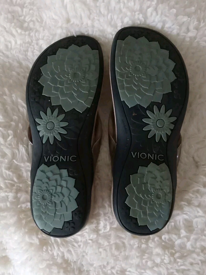Vionic Bella II Toe Post Pewter Flip Flops Slip On Thongs Bow Womens Sz 10