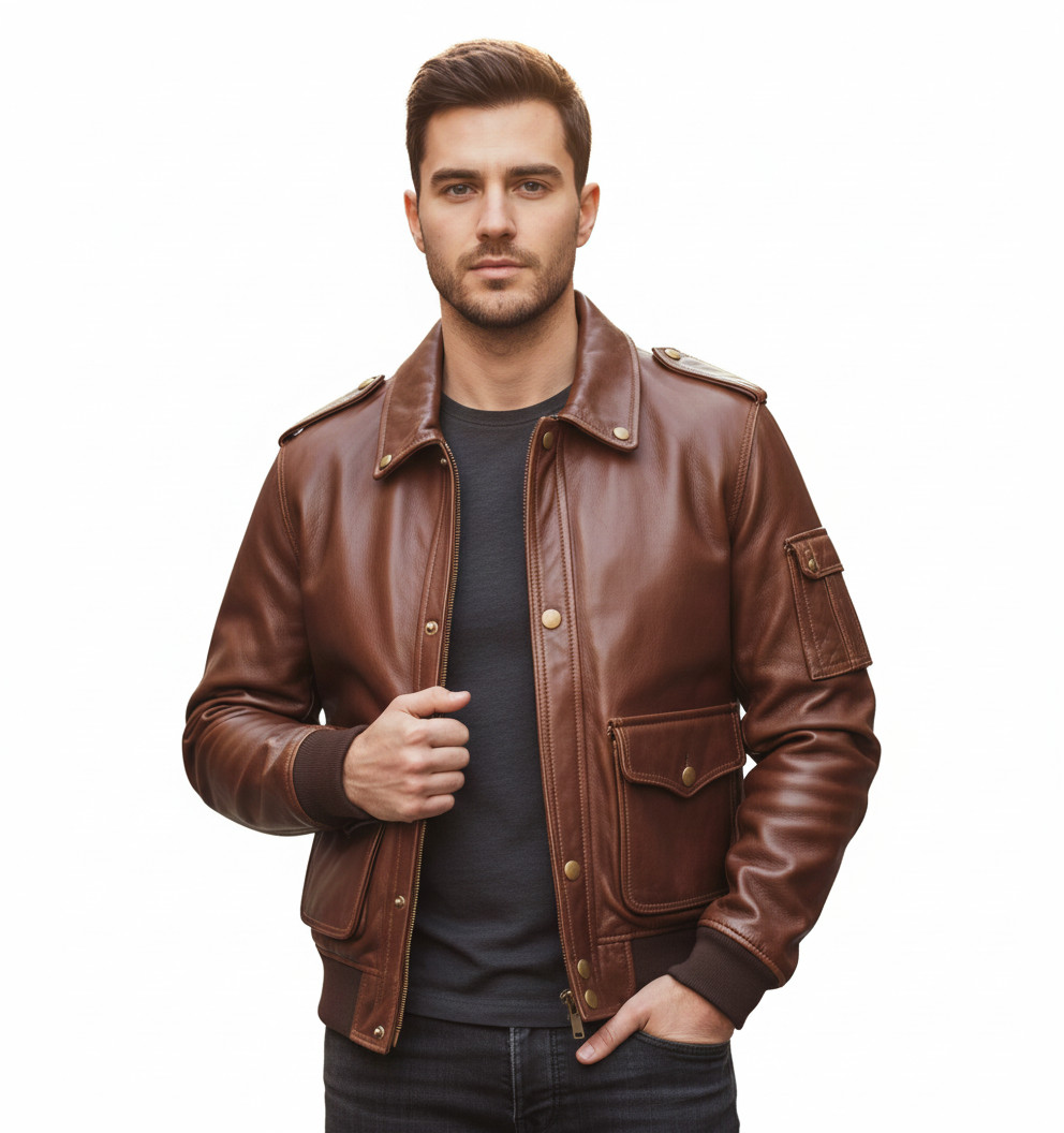 Men’s Vintage Brown Leather Bomber Jacket A2 Aviator Flight Pilot Real Lambskin