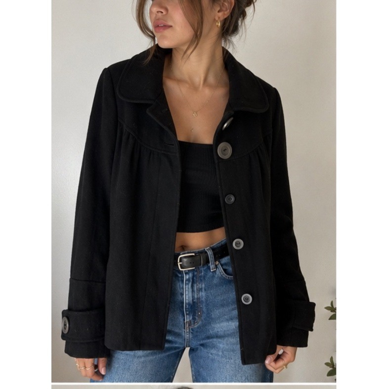Hydraulic Womens Black Babydoll Peacoat Jacket Large Button Down Gathered Yoke