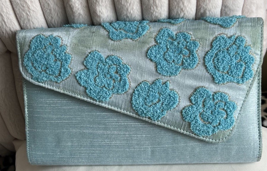 Embroidered Clutch Evening Bag Tiffany Blue Satin Aarong