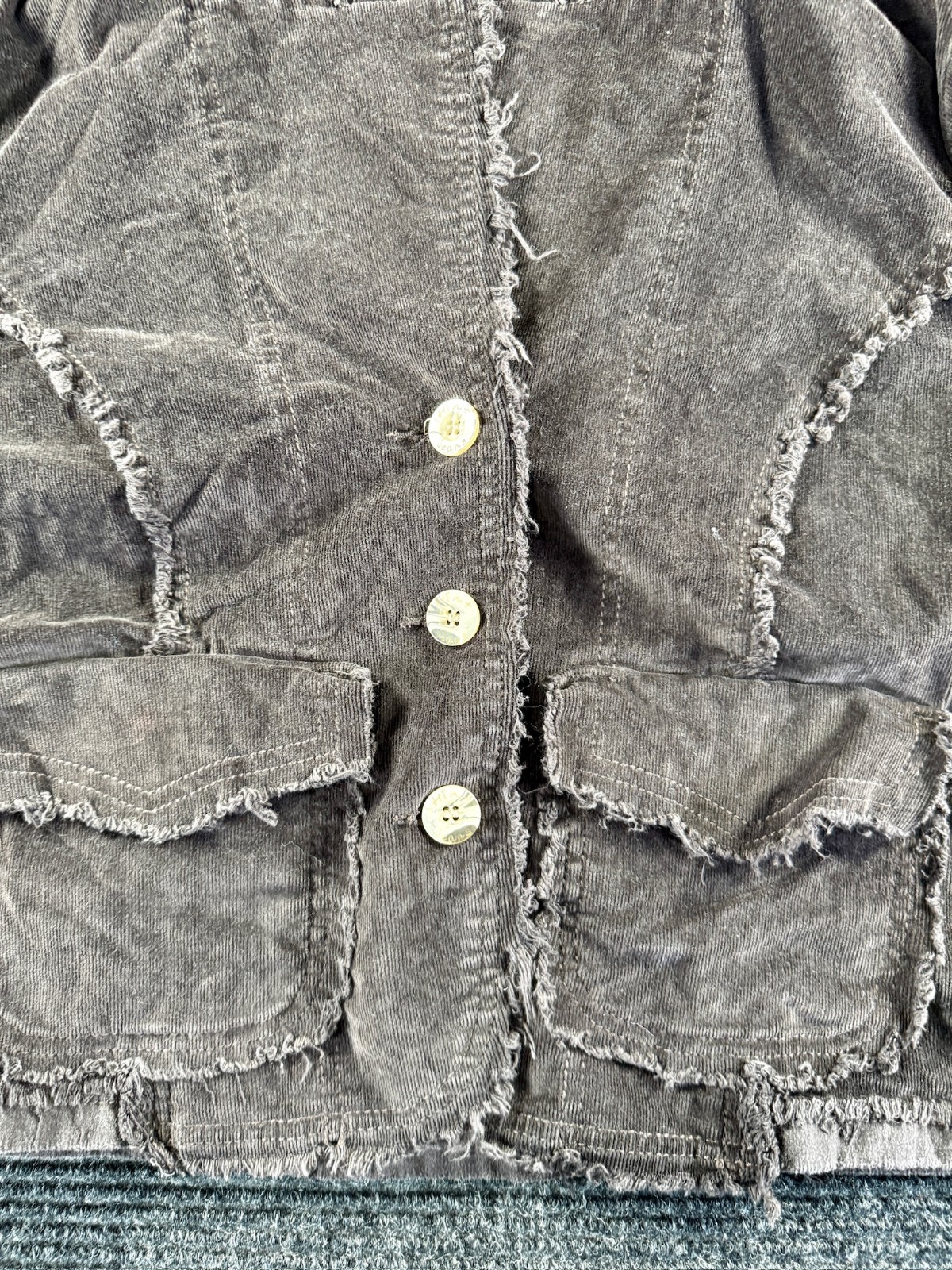 Hint Corduroy Jacket Womens Small Brown Cotton Stretch Notch Collar Frayed Trim