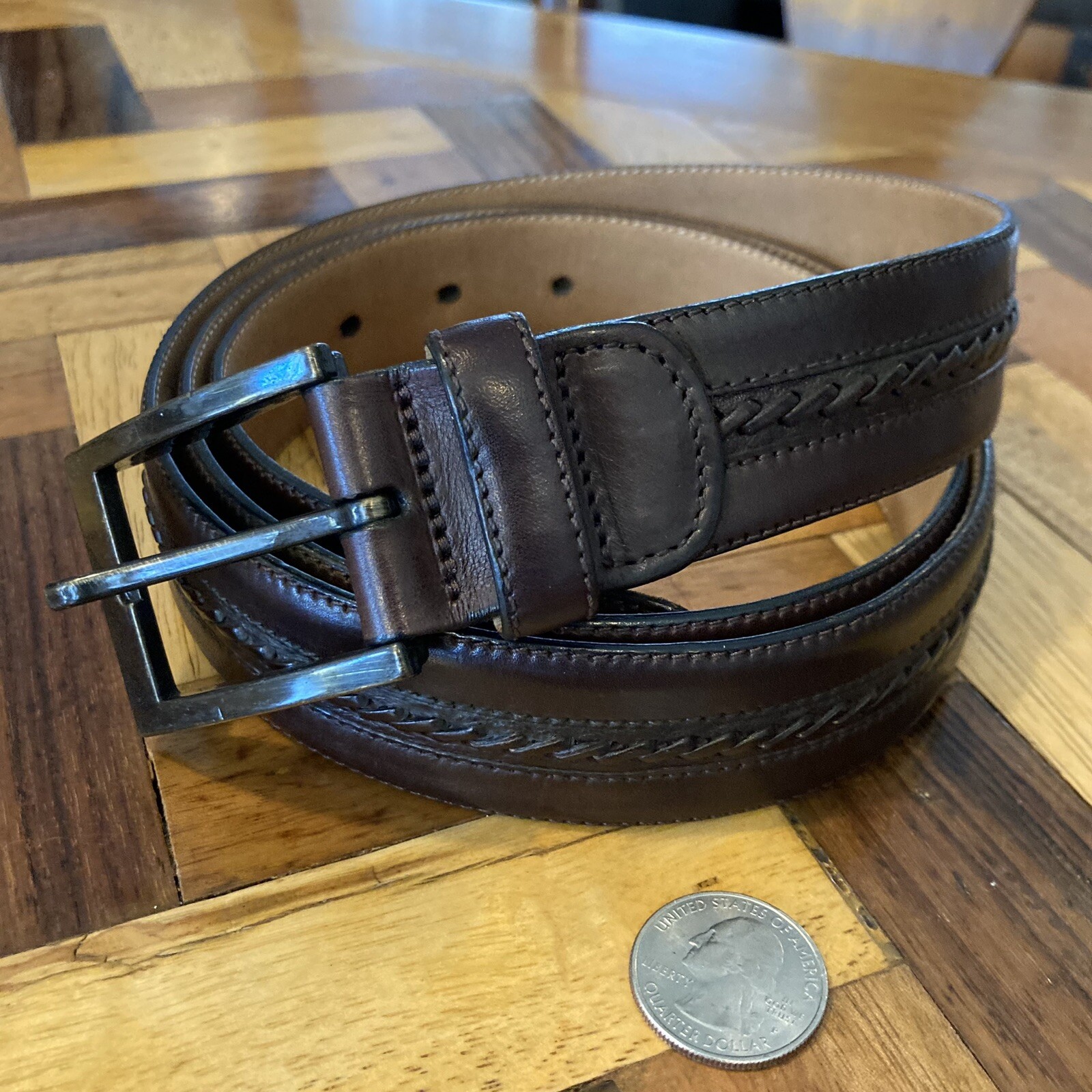 Mezlan Solid with Woven Inlay Brown Leather Mens Belt Size US 44 Made in Spain