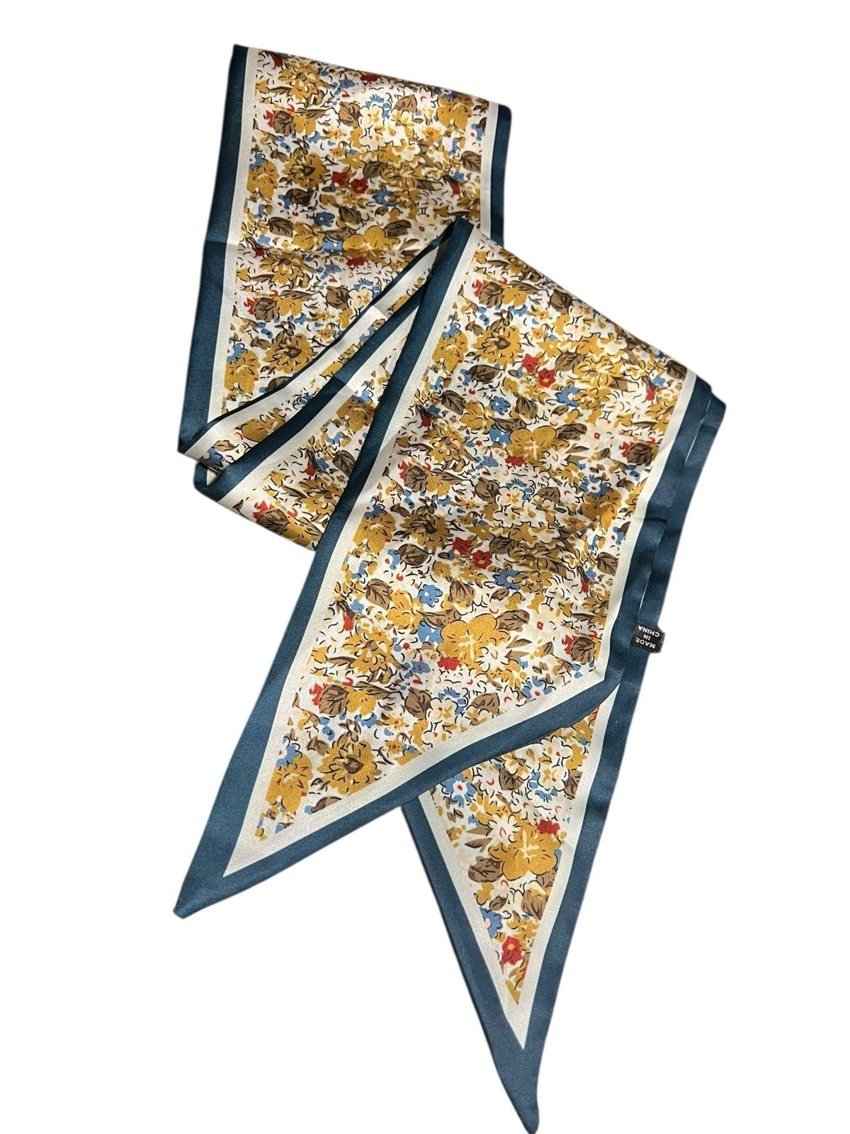 Blue Trim Multi Floral Accent Tuxedo Point Style Scarf 51 1/2 In X 5 1/4 In