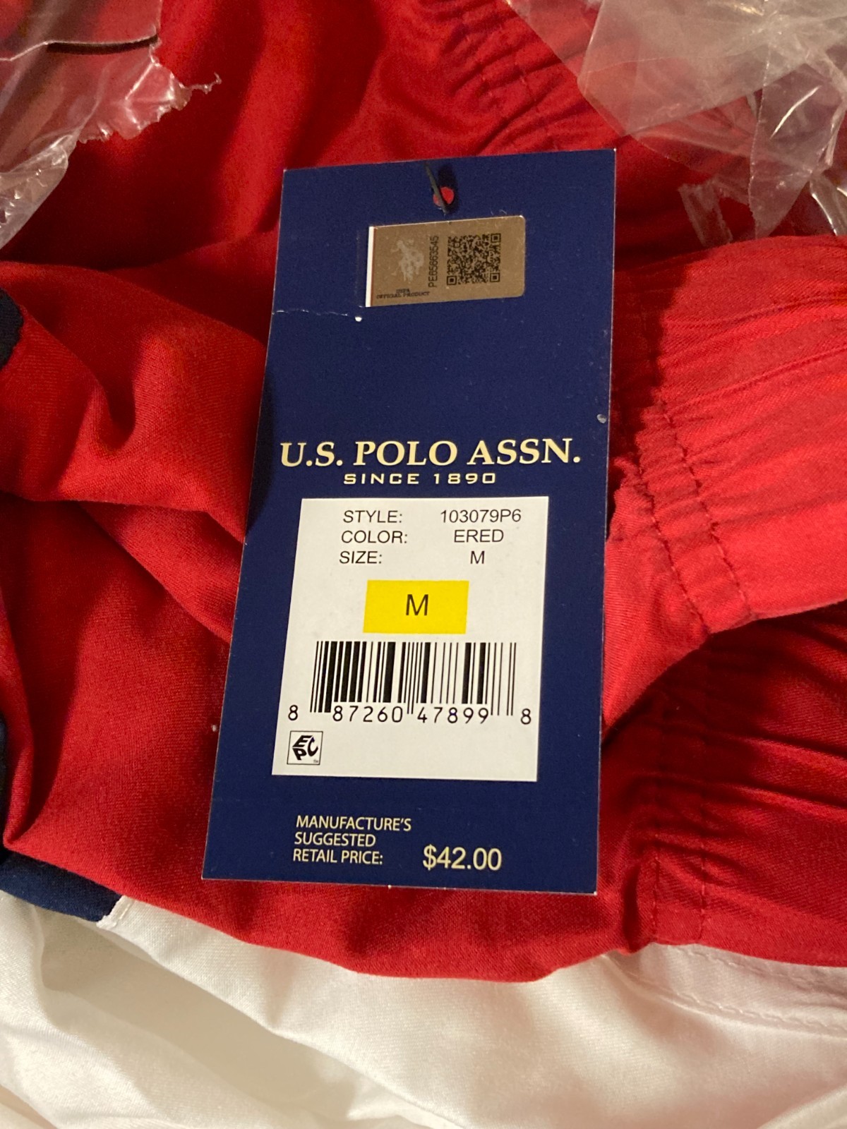 U.S. POLO ASSN. Tri-Colorblock Cargo Swim Trunks, ENGINE RED Color (CHOICE SIZE)