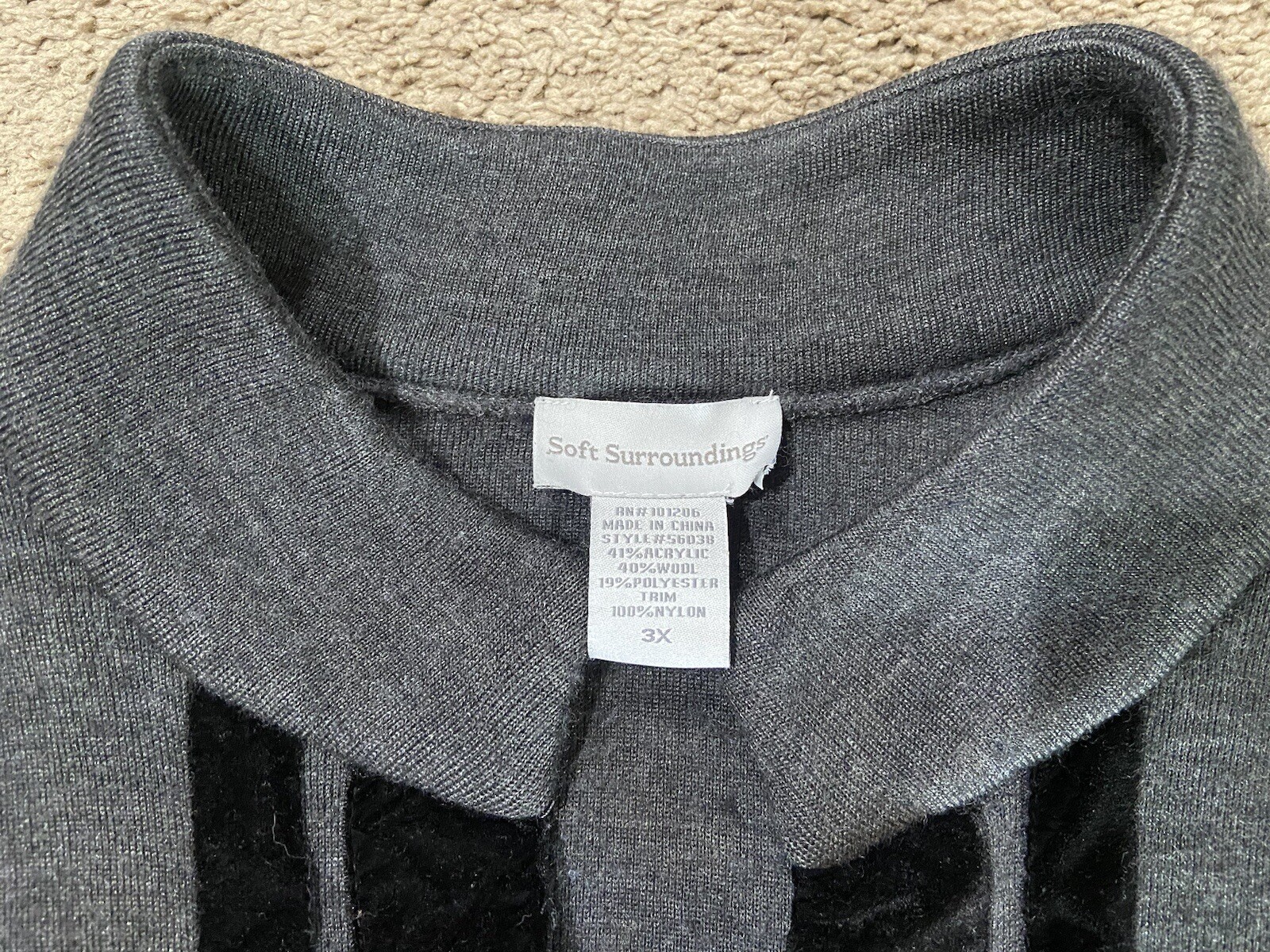 Soft Surroundings Runway Tunic Sweater Plus Size 3X Gray Wool Black Velvet Trim