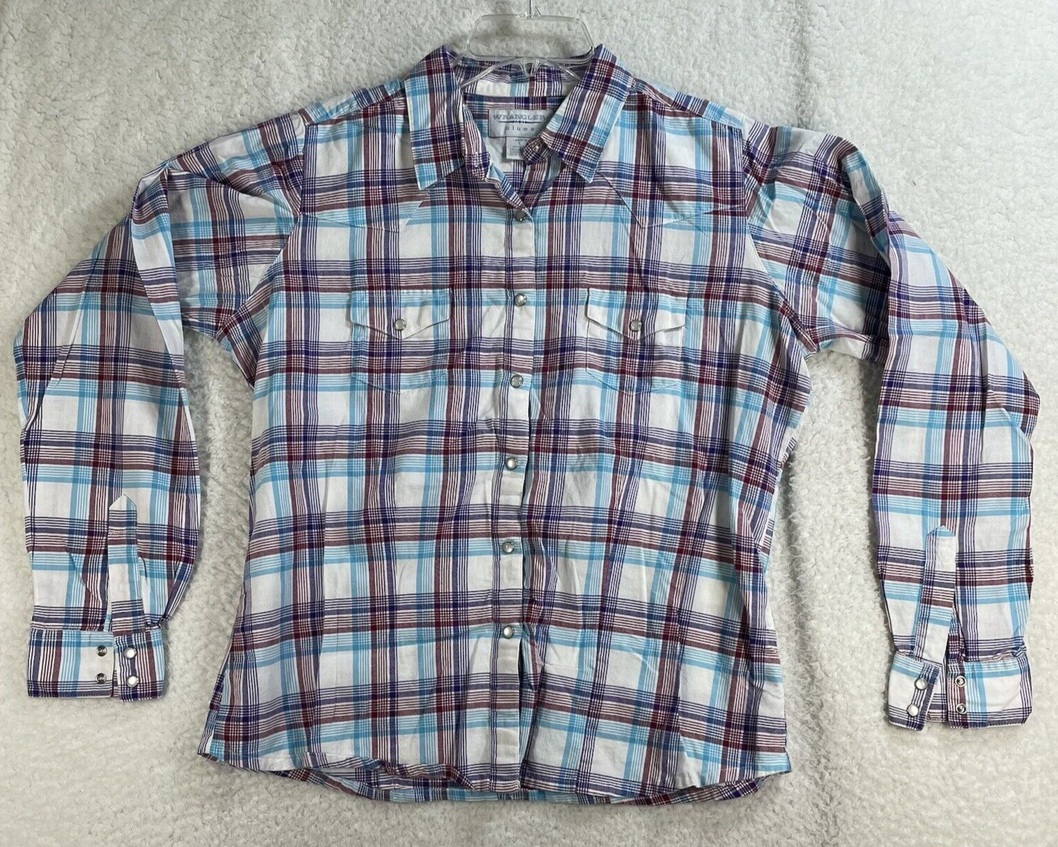 Wrangler Blues Shirt Womens Sz Large Red Blue Purple Plaid Western Pearl Snap