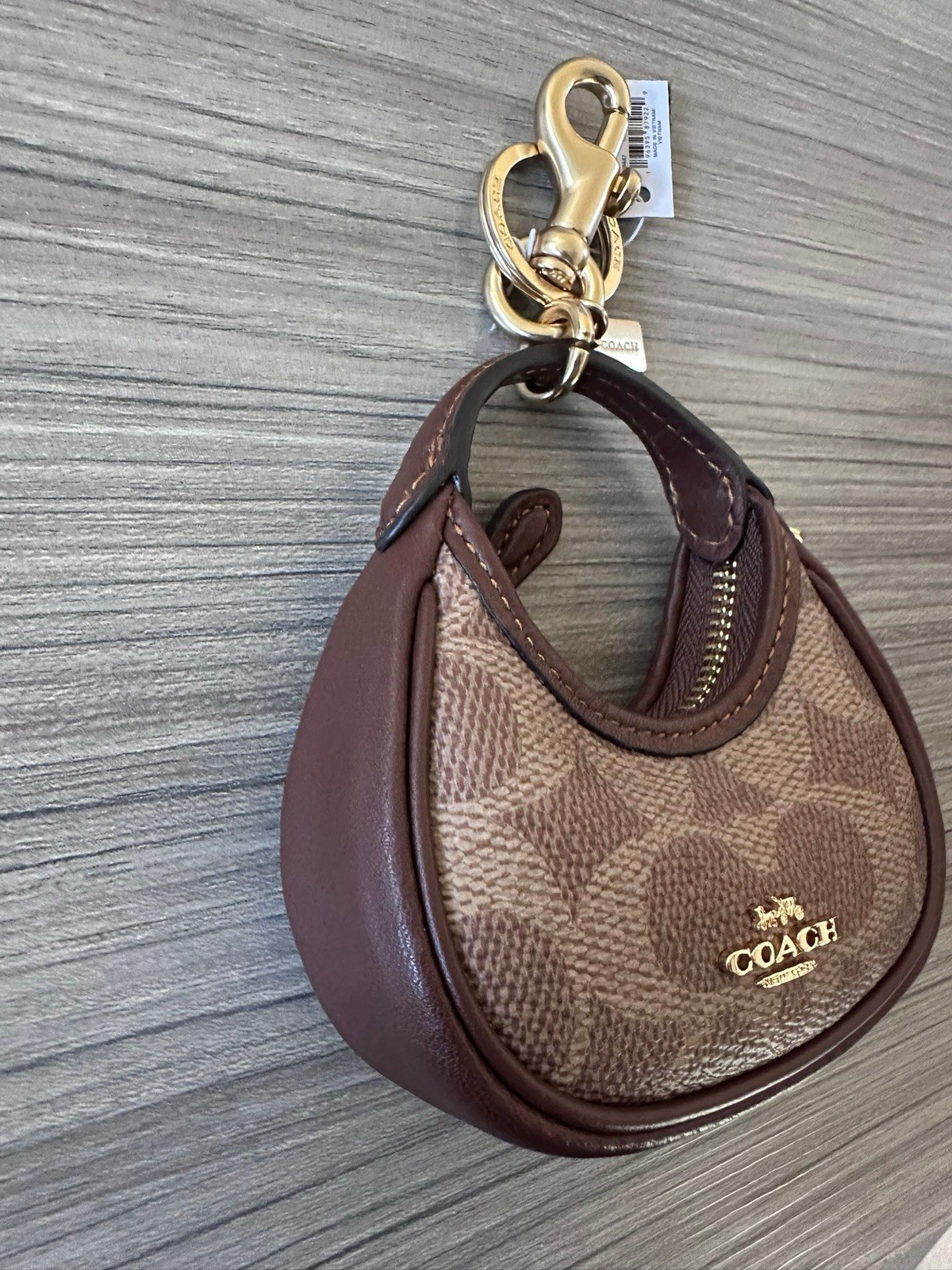 NWT Coach Signature Canvas Mini Carmen Bag Charm Coin Purse Gold Tan Brown CBK67