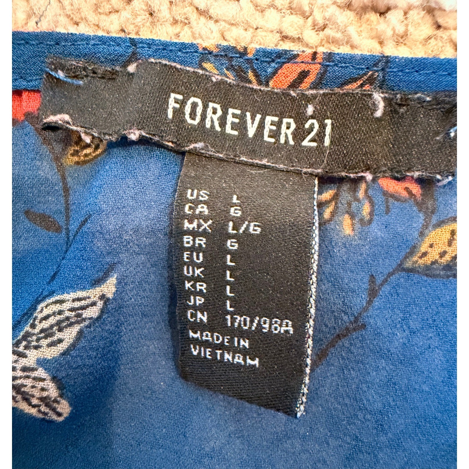 Forever 21 Blue Floral Sheer Duster Kimono Wrap 3/4 Sleeve Tie Waist Sz Lg Flowy