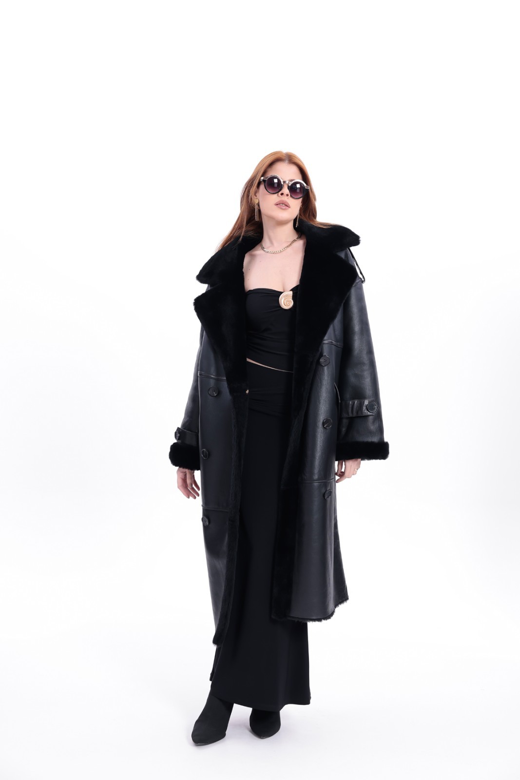 Women’s Black Shearling Coat Fur Collar Wide Collar Long 110 cm 43″