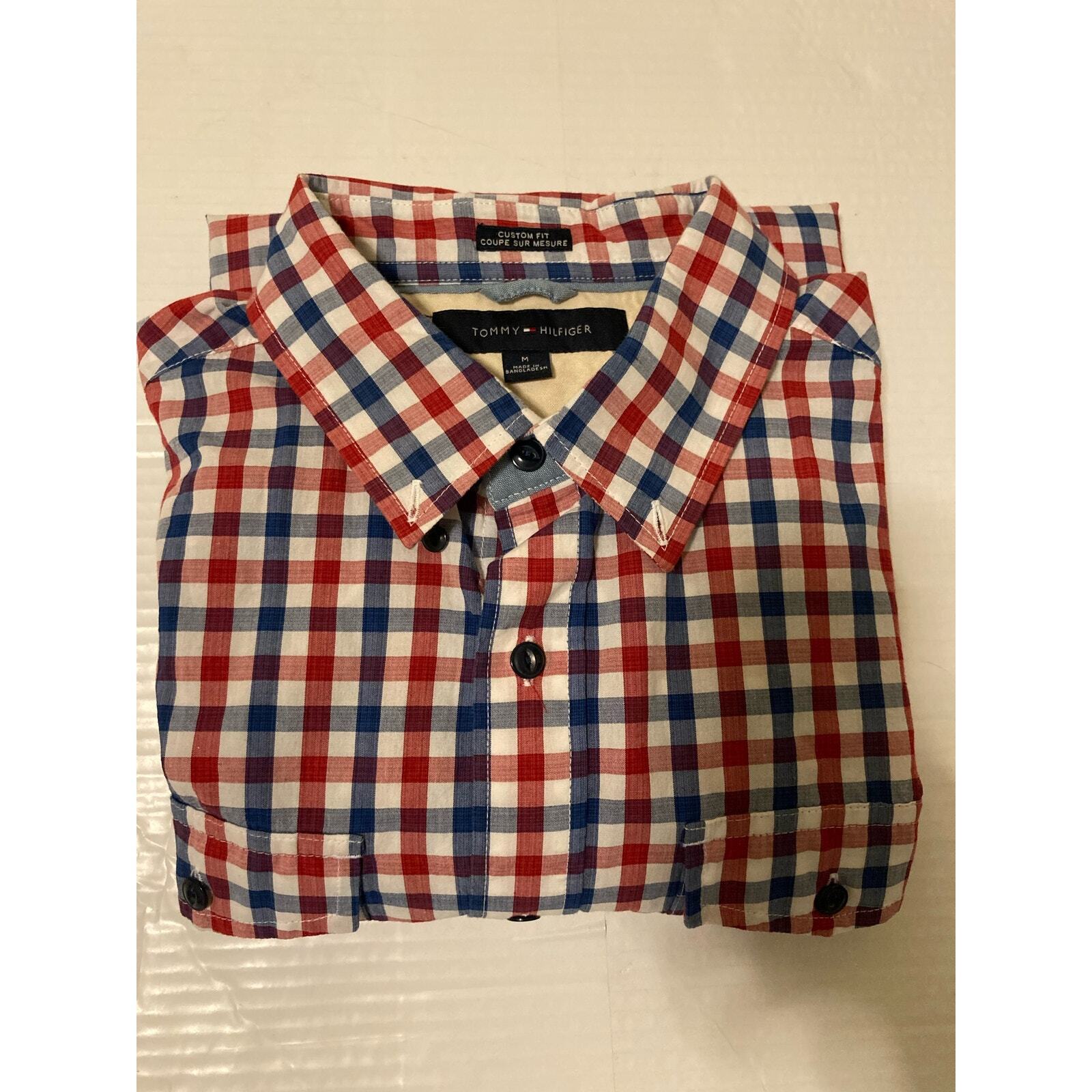 Tommy Hilfiger Navy Blue Red & White Plaid Button Down Shirt Men Size M
