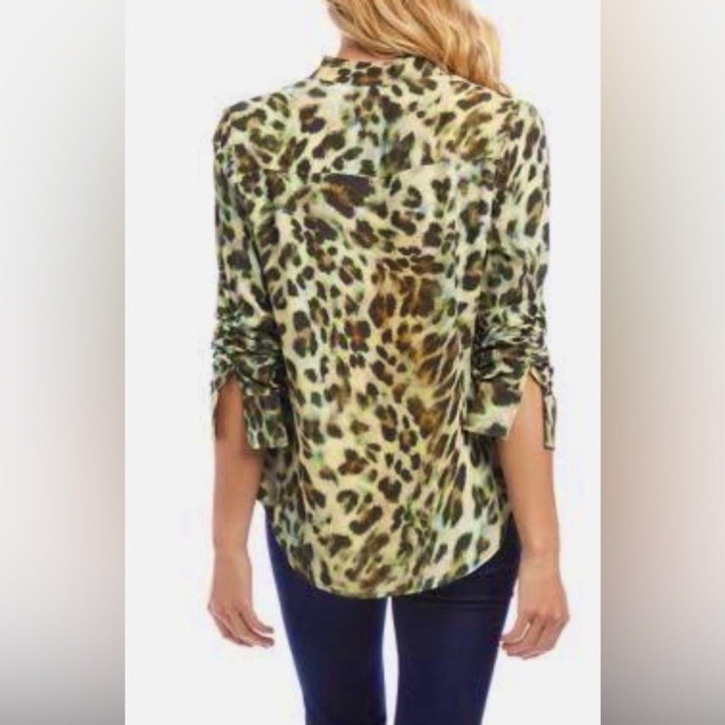 Karen Kane 3/4 Leopard Print Button Down Viscose Top Olive Blouse Large $140