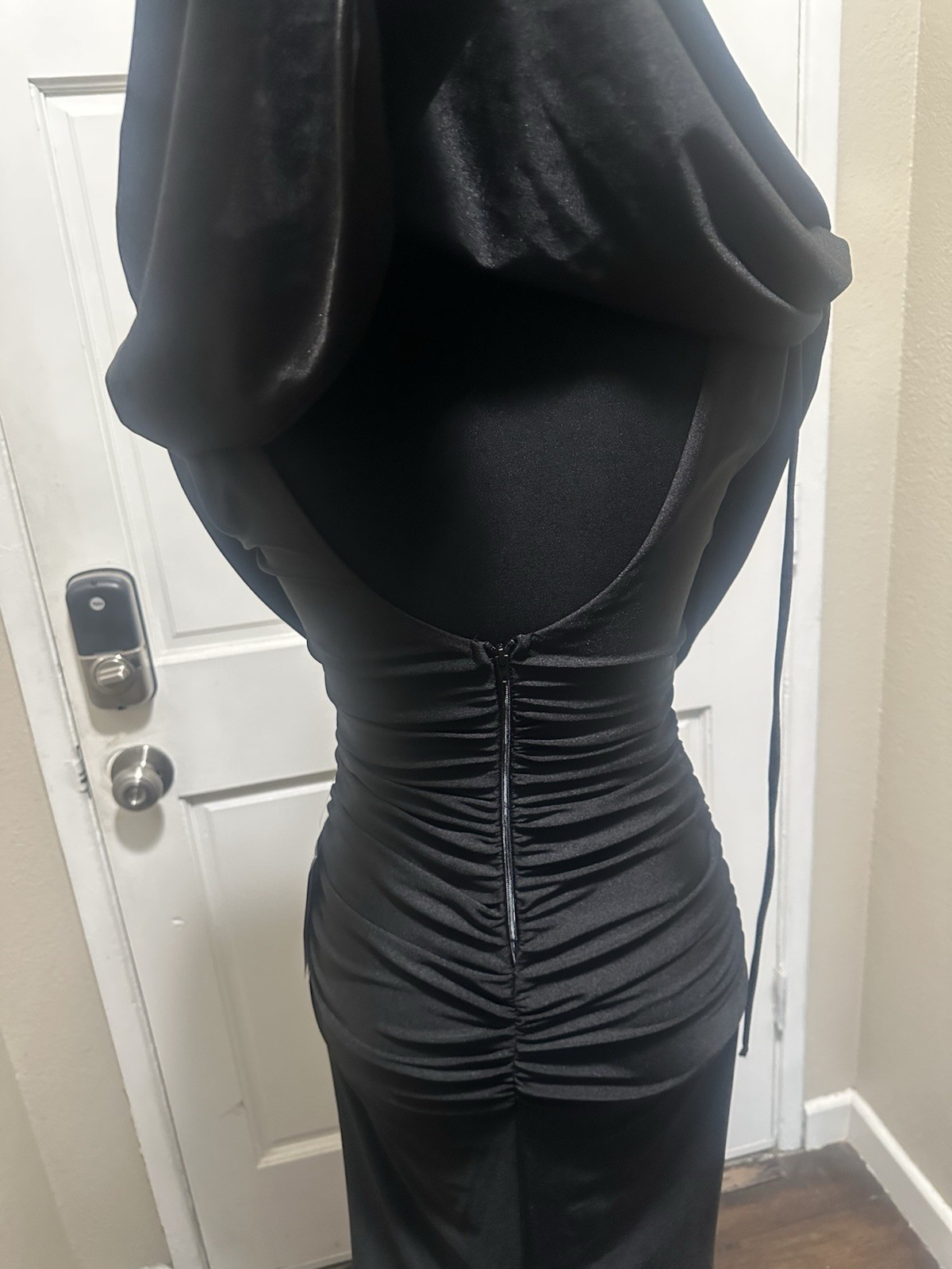 Alex & Sophia Black Solid Cowl Neck Ruched Draped Zip Maxi Dress Formal 5/6