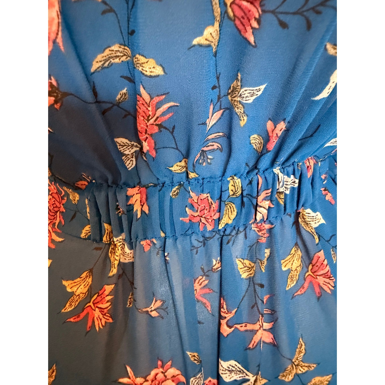 Forever 21 Blue Floral Sheer Duster Kimono Wrap 3/4 Sleeve Tie Waist Sz Lg Flowy