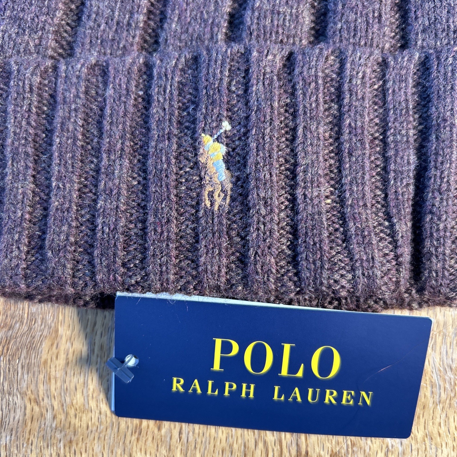 Polo Ralph Lauren Dark Brown Heather Wool Blend Ribbed Cuff Beanie Men One Size