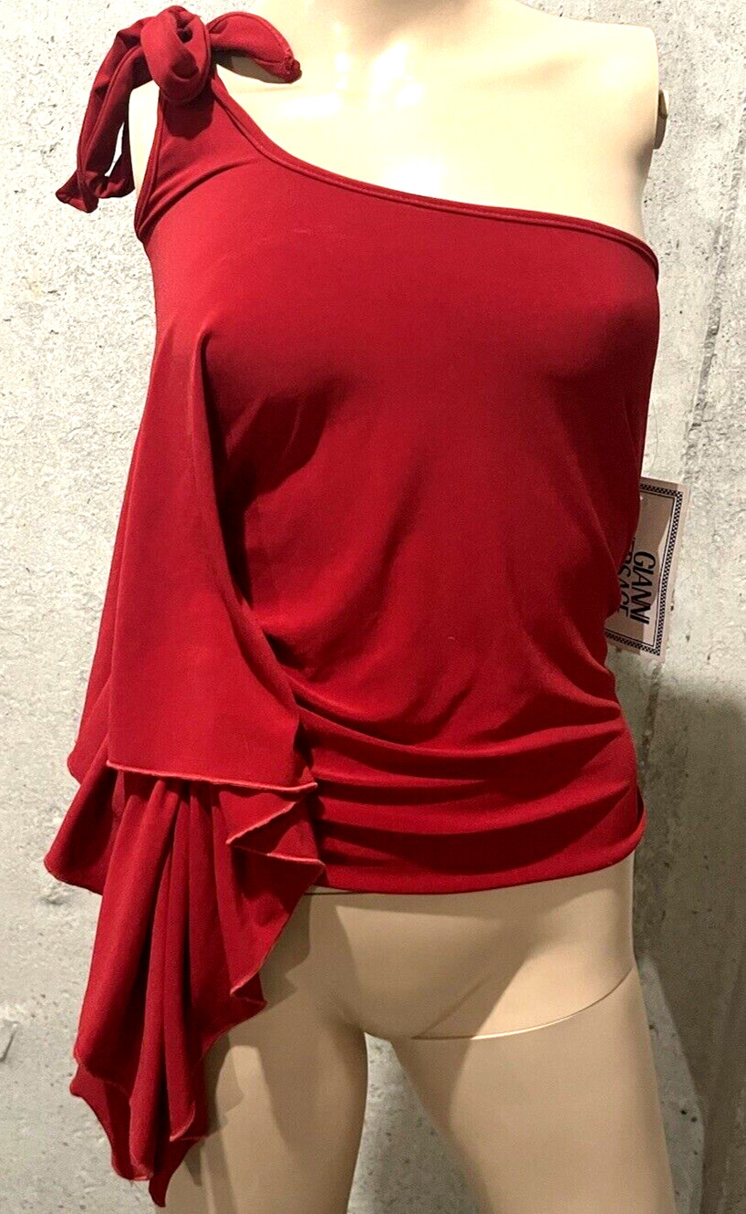 New GIANNI VERSACE Vintage Runway Draped Bow Shoulder Red Dress Top 2 4 / SMALL