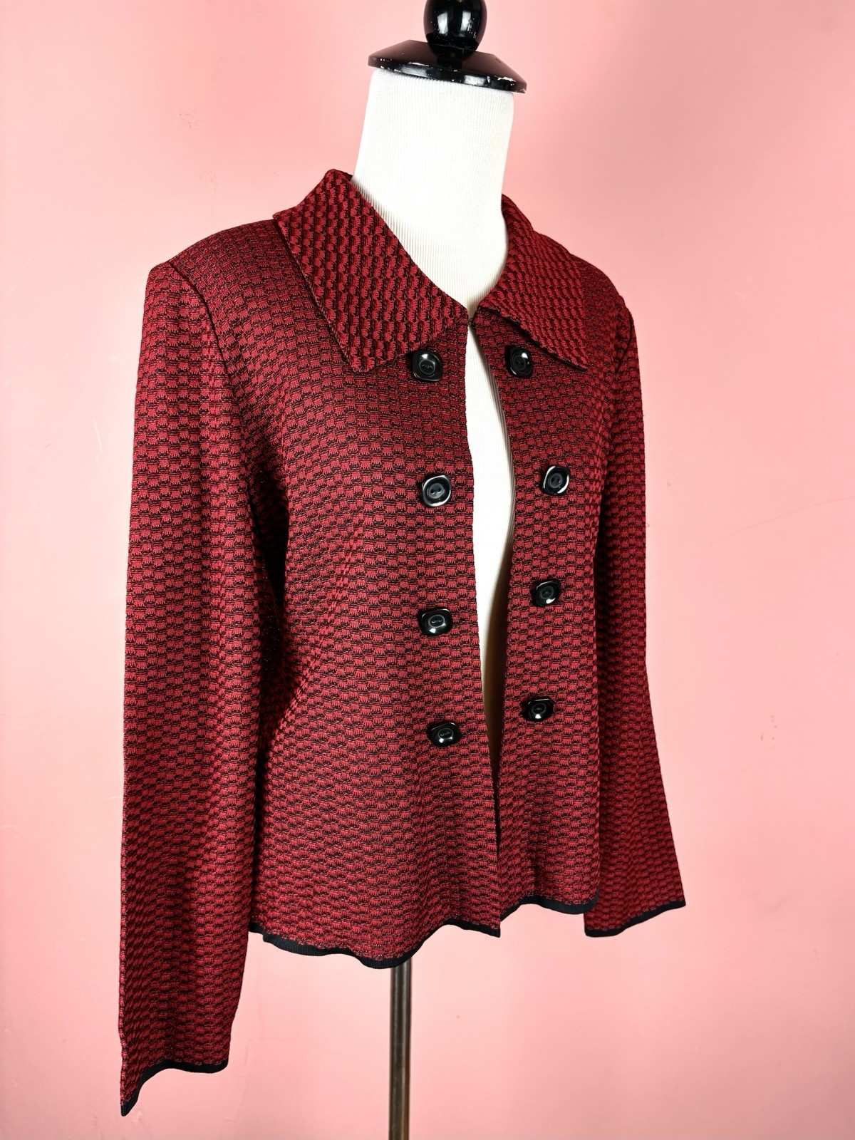 Ming Wang Jacket Open Cardigan Womens Medium Dressy Stretch Red Black Capsule