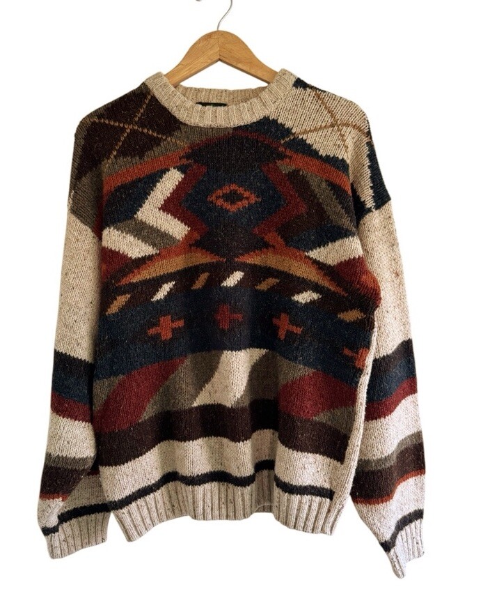 Vintage 90s Etchings Mens Sz L Brown Blue Tan Crewneck Knit Wool Blend Sweater