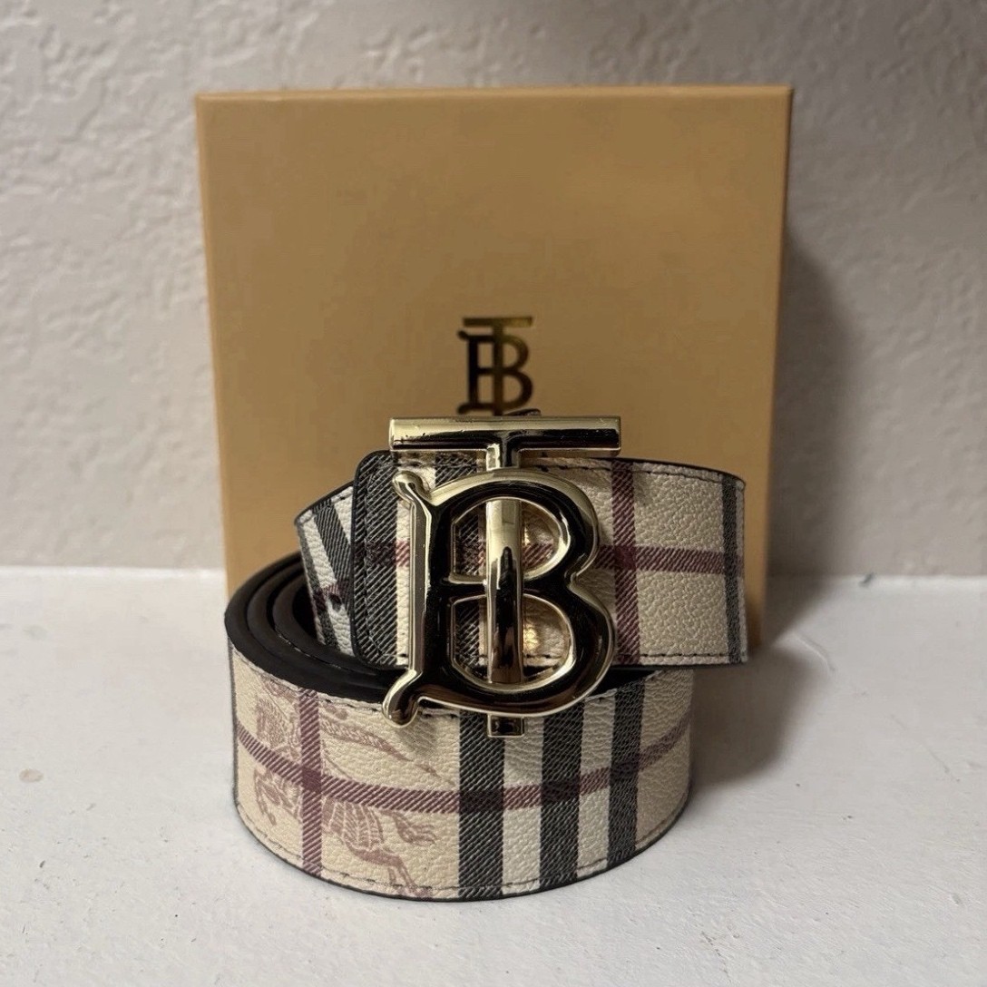 Burberry men’s Check Belt Gold-Tone Buckle Designer Beige Black Size 34-36