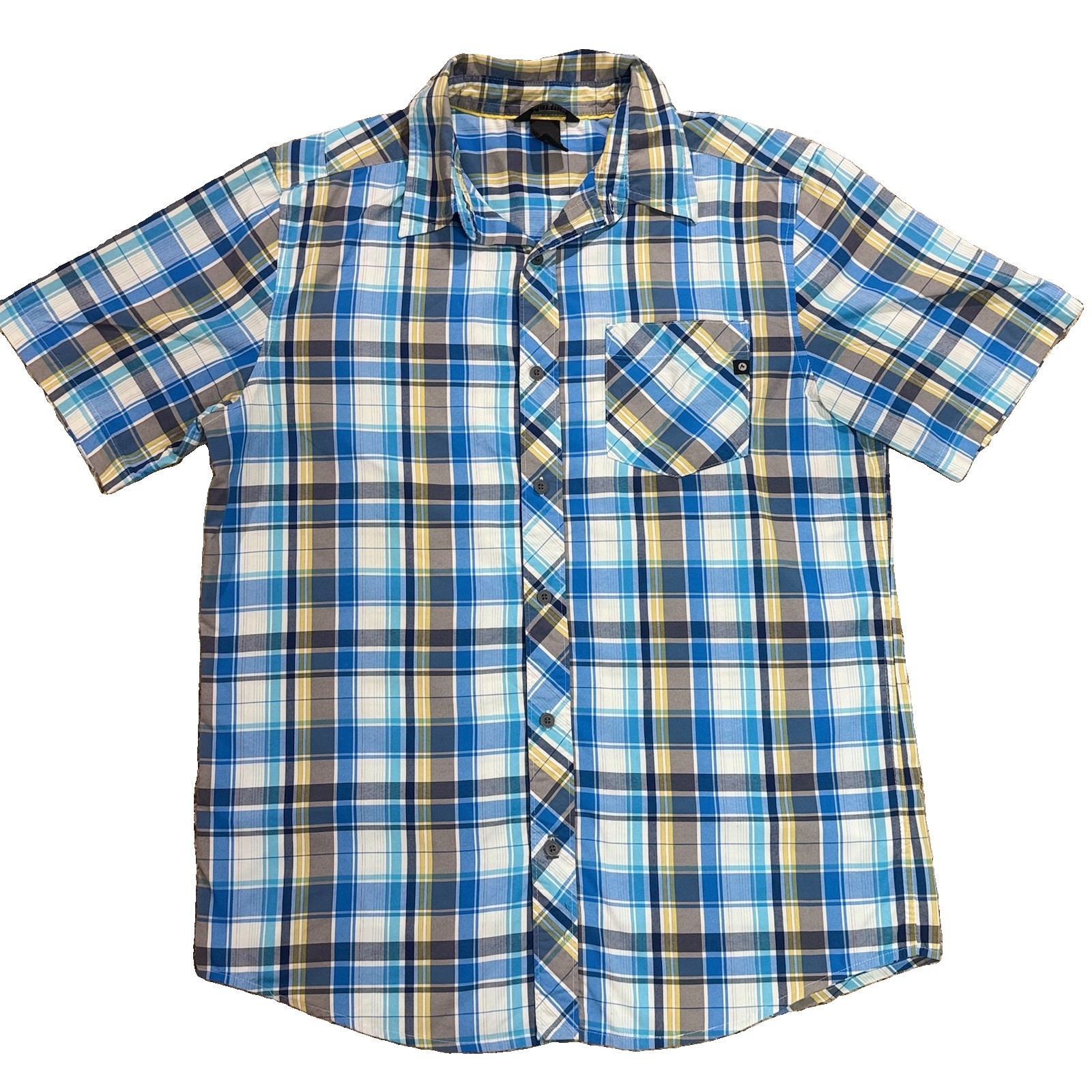 Marmot Men’s Medium Blue Plaid Short Sleeve Button Up Shirt Outdoor Hiking