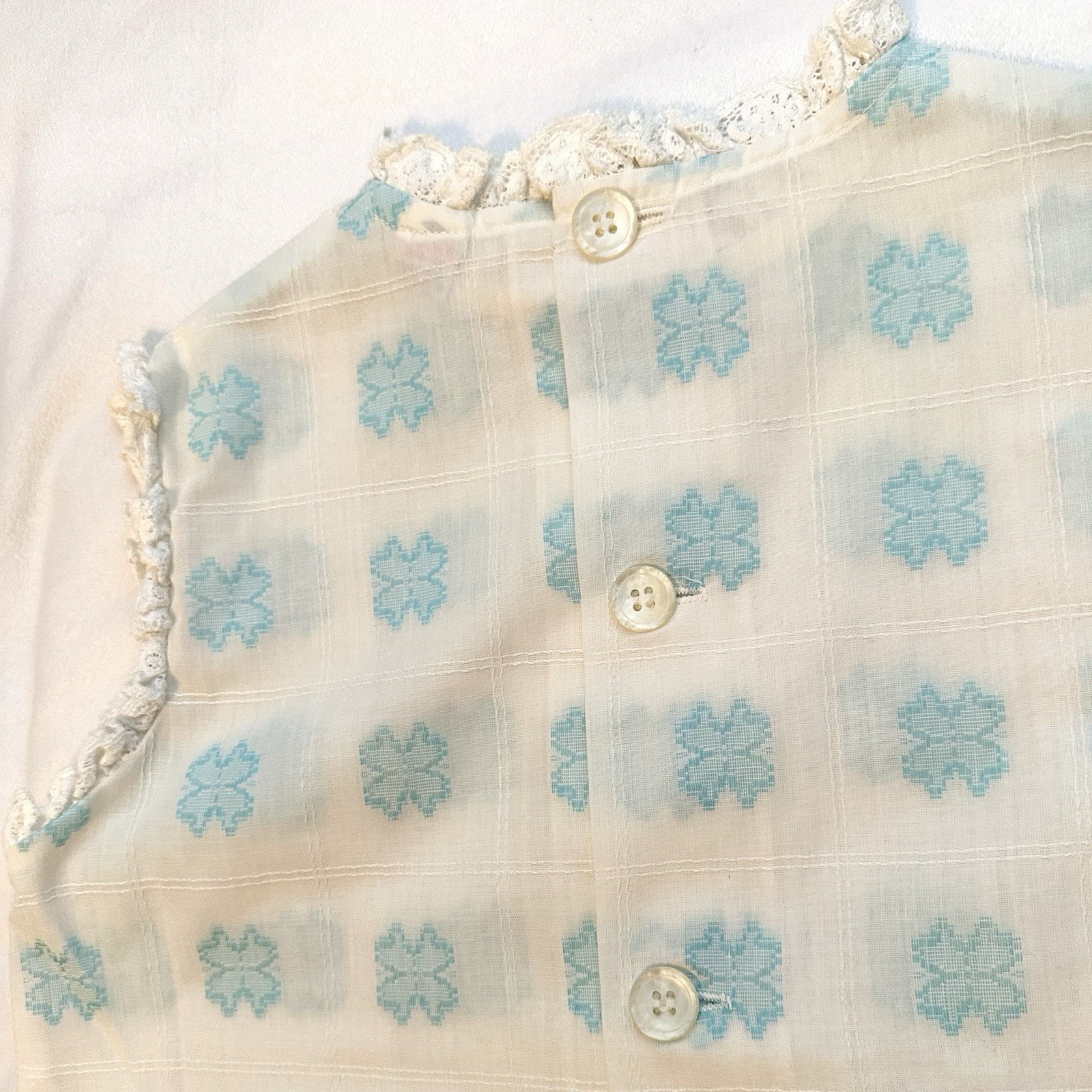 Vintage Ever-Press Alyssa 70s Sleeveless Ivory& Blue Clover Shift Dress Girls XL